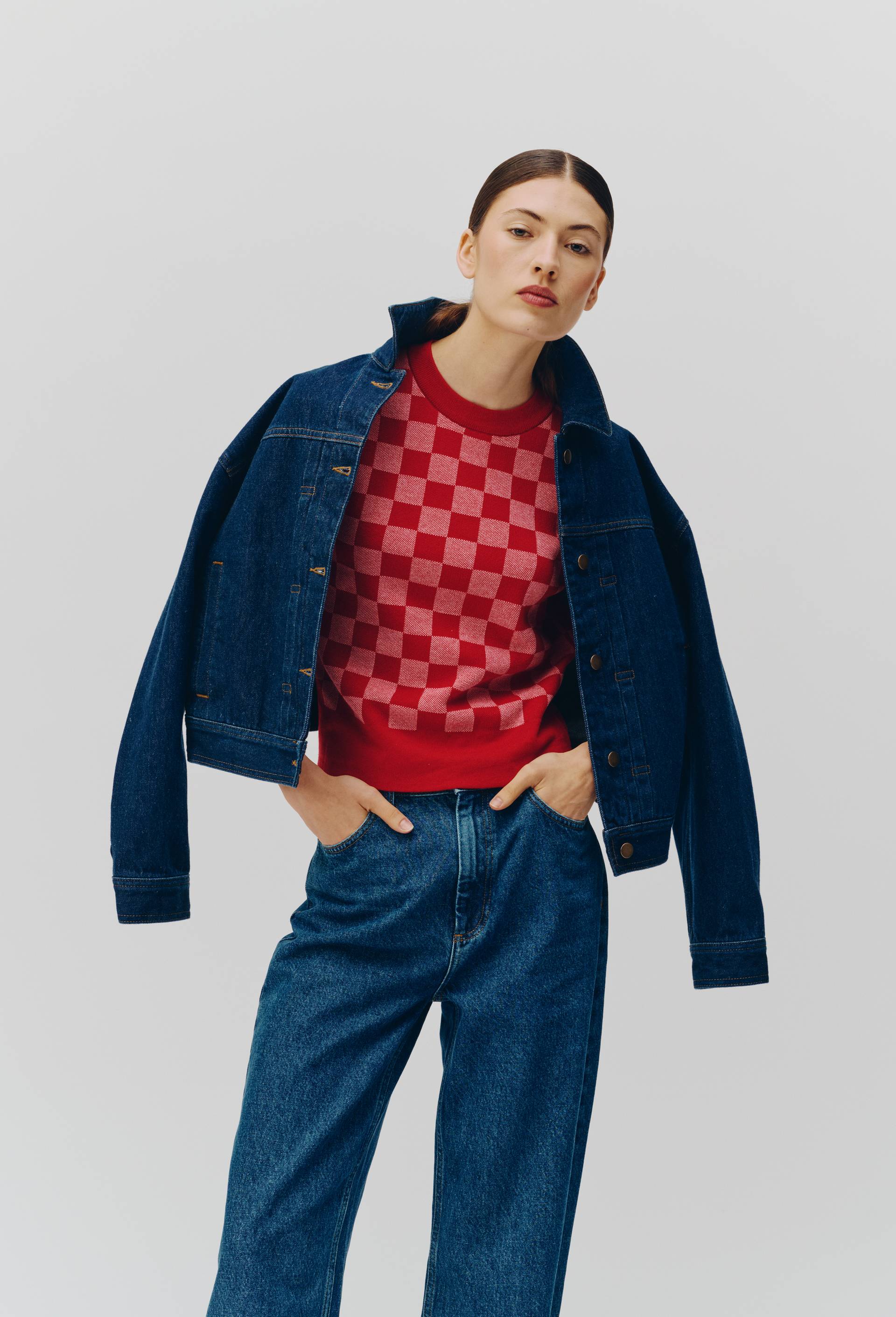Pull manches courtes motif vichy, Rouge, large image number 0.0
