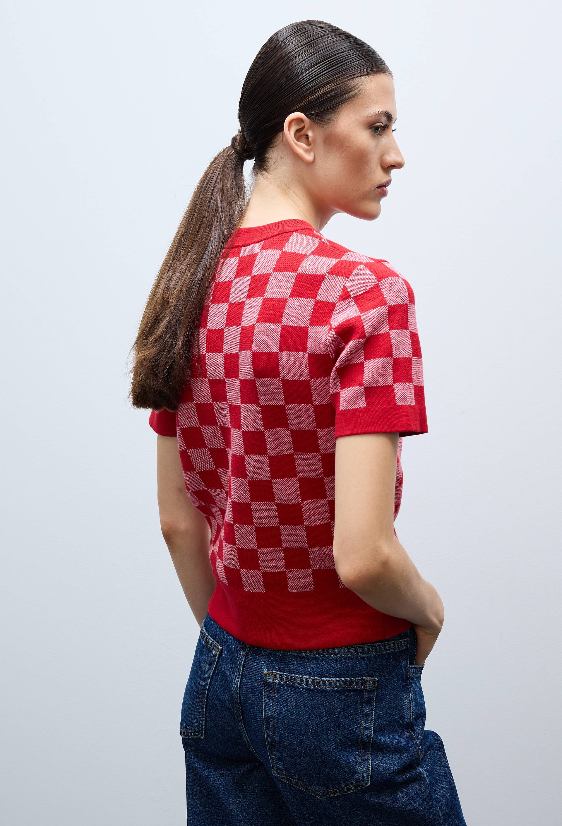 Pull manches courtes motif vichy, Rouge, large image number 1