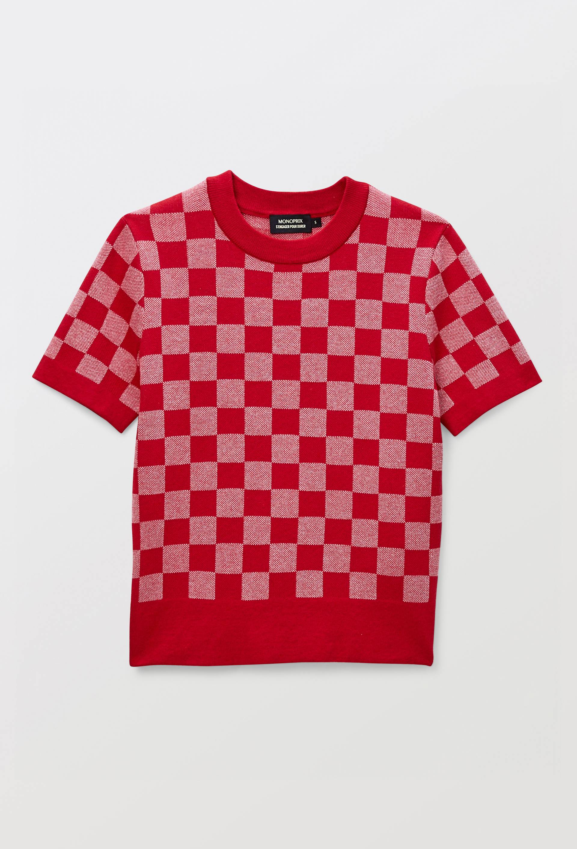 Pull manches courtes motif vichy, Rouge, large image number 2.0