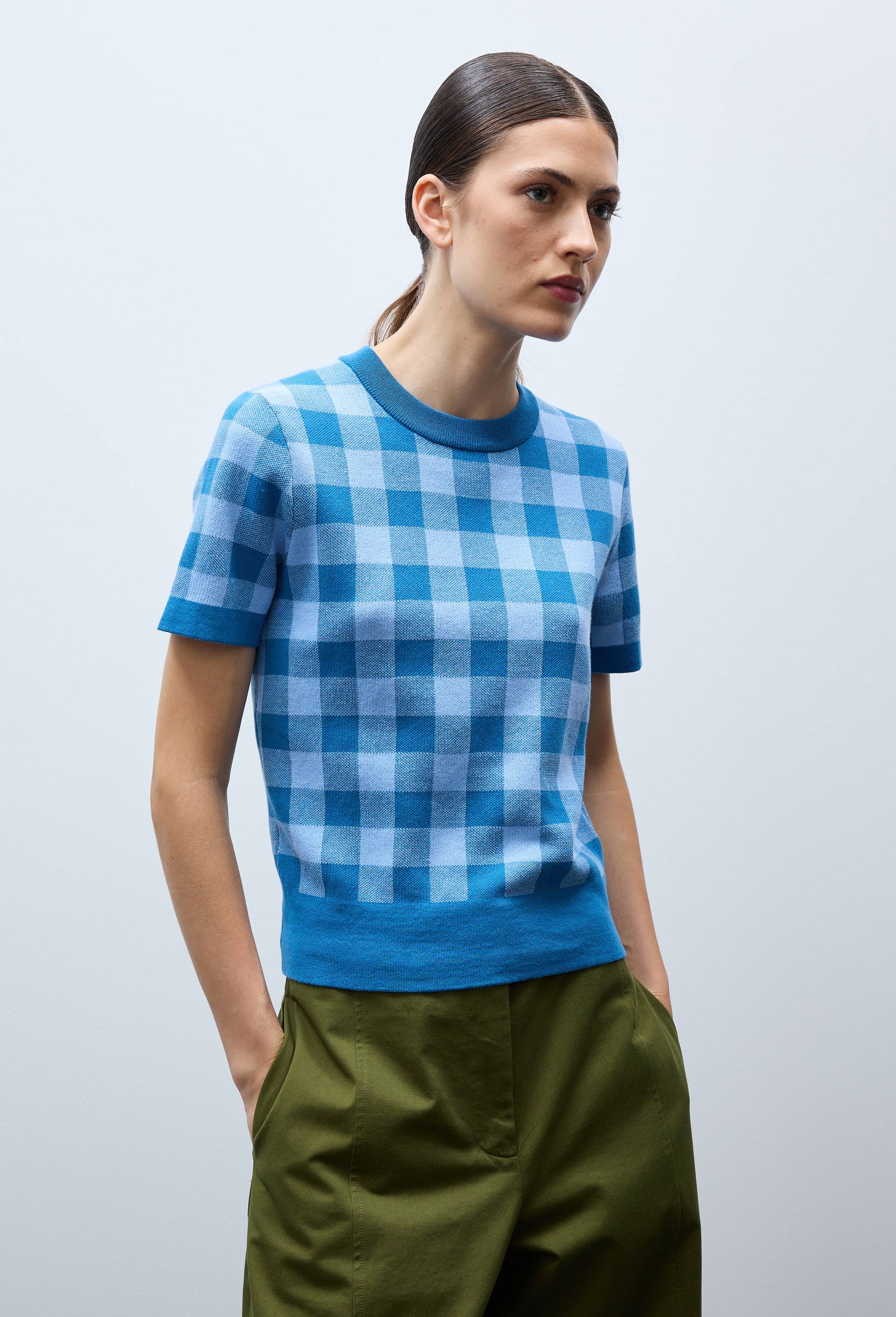 Pull manches courtes motif vichy, Bleu, large image number 0