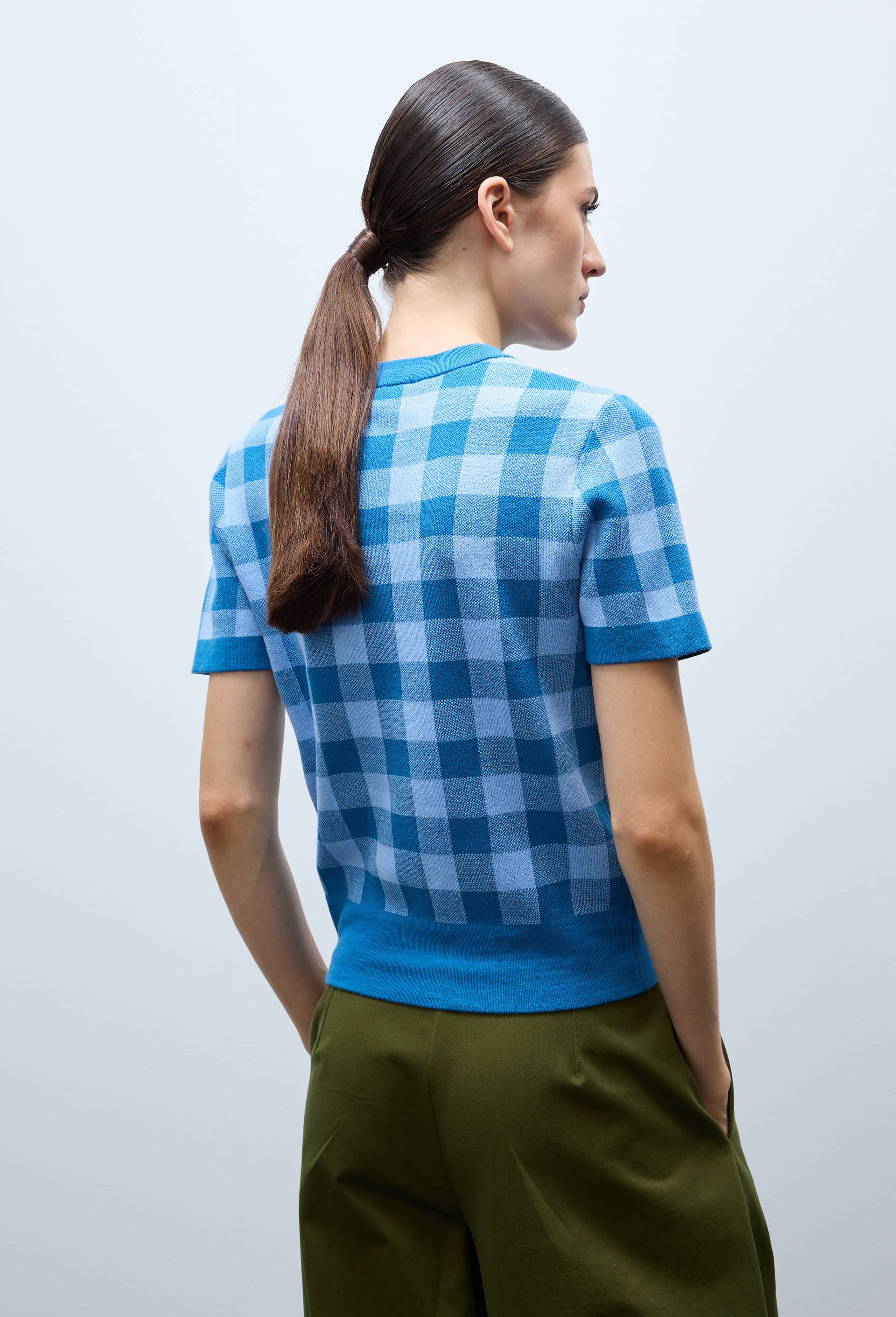 Pull manches courtes motif vichy, Bleu, large image number 1.0