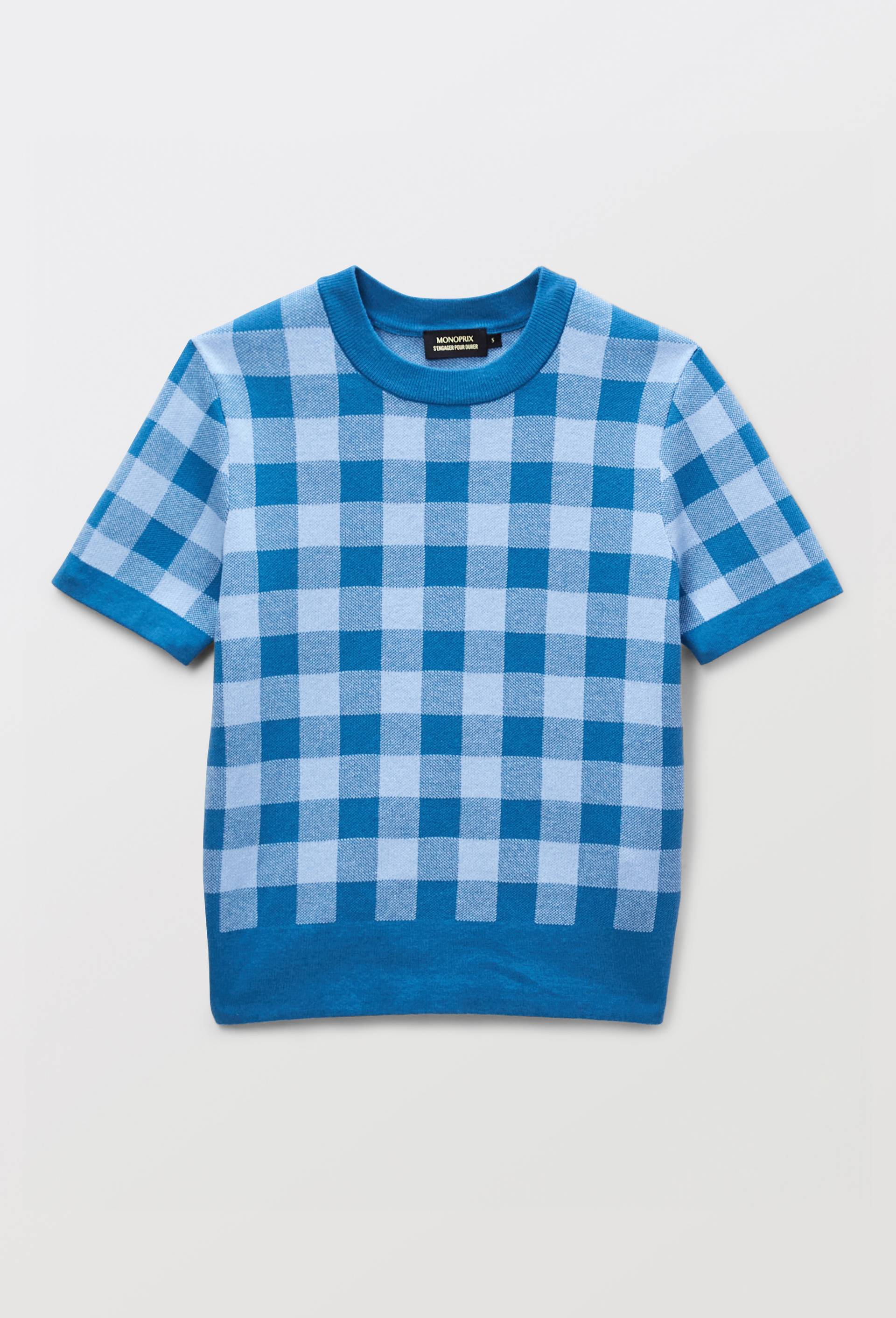 Pull manches courtes motif vichy, Bleu, large image number 2