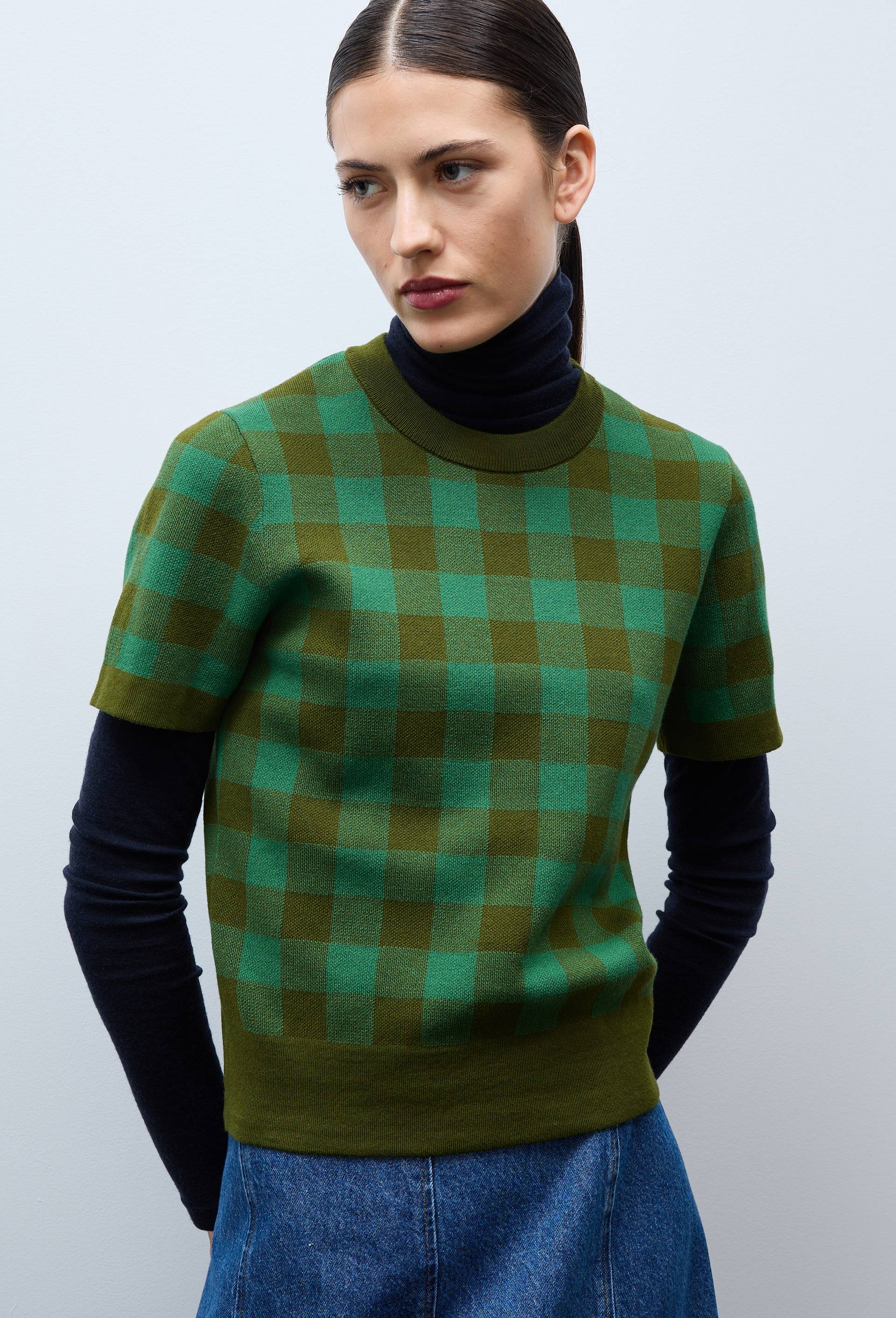 Pull manches courtes motif vichy, Vert, large image number 0