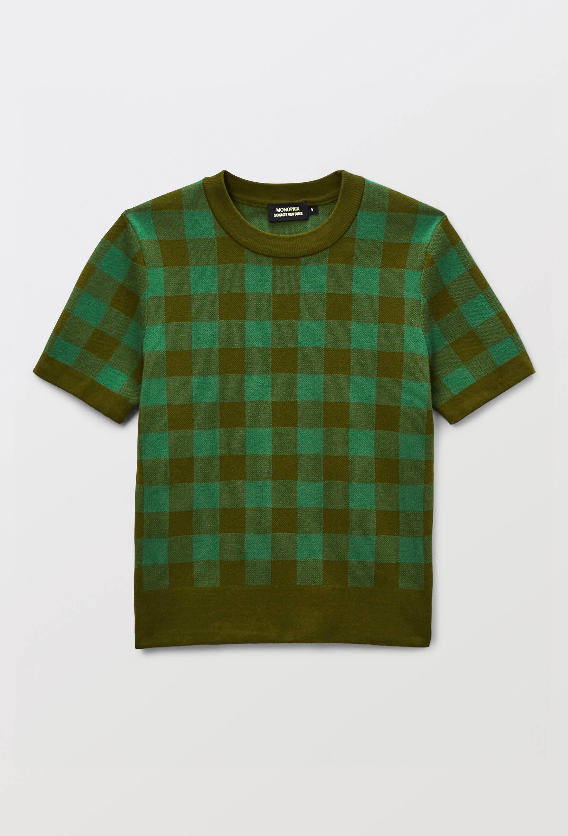 Pull manches courtes motif vichy, Vert, large image number 3