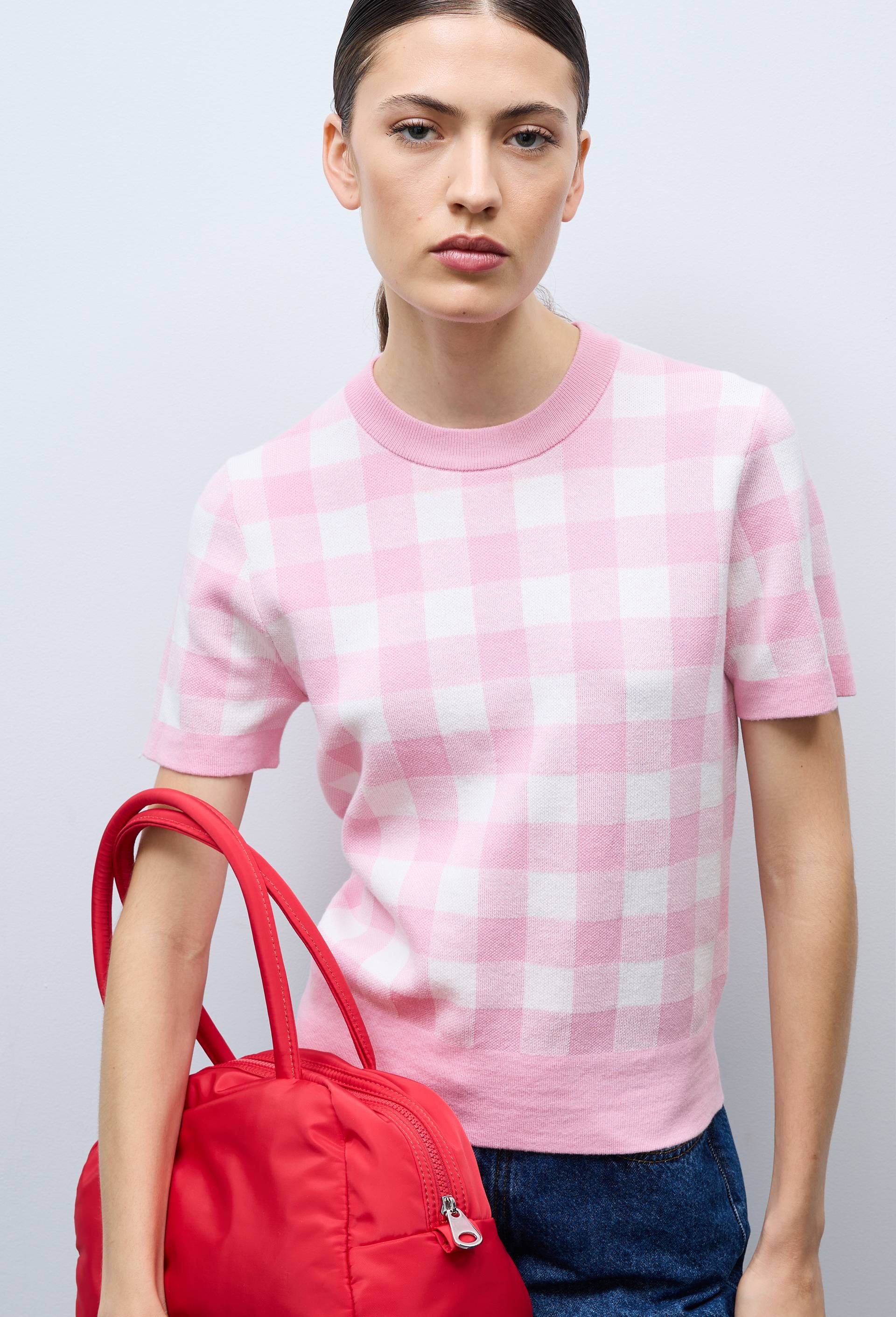 Pull manches courtes motif vichy, Rose, large image number 0