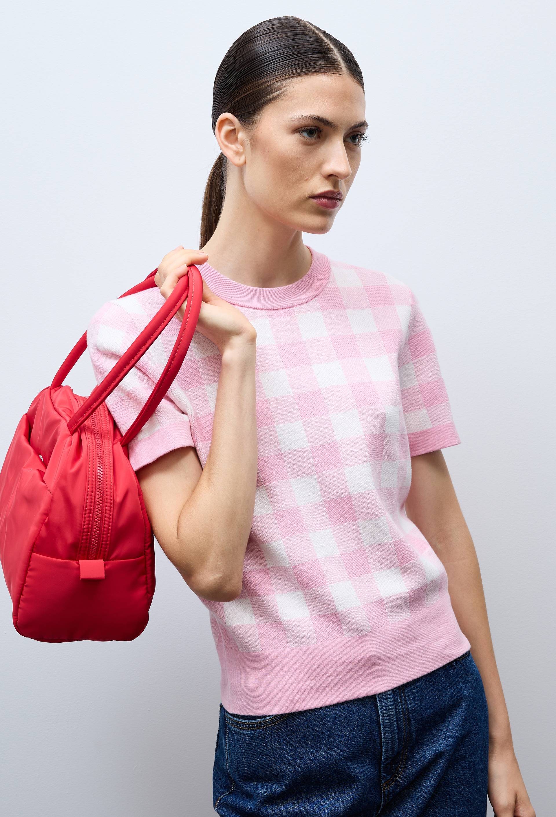 Pull manches courtes motif vichy, Rose, large image number 1