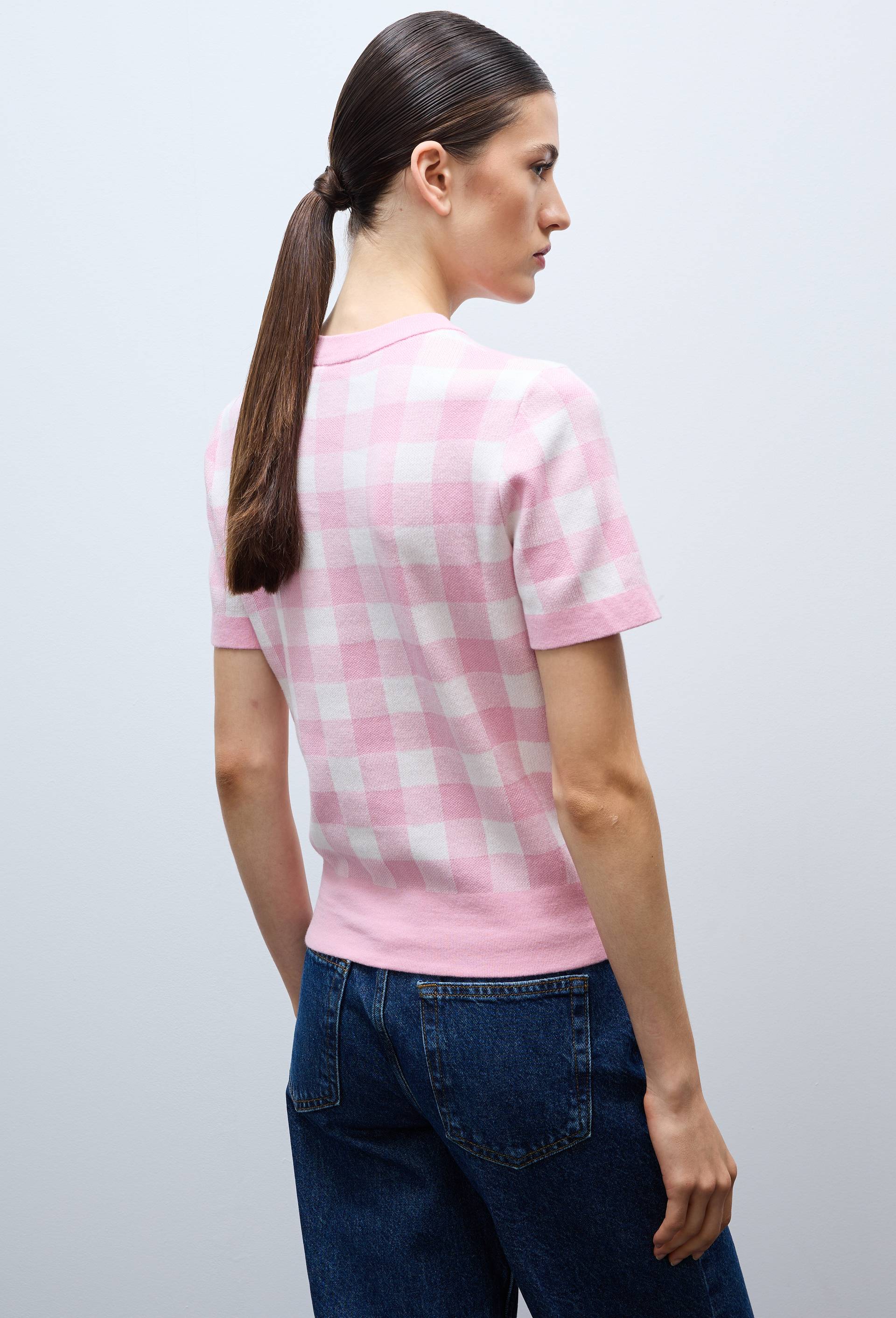 Pull manches courtes motif vichy, Rose, large image number 2.0