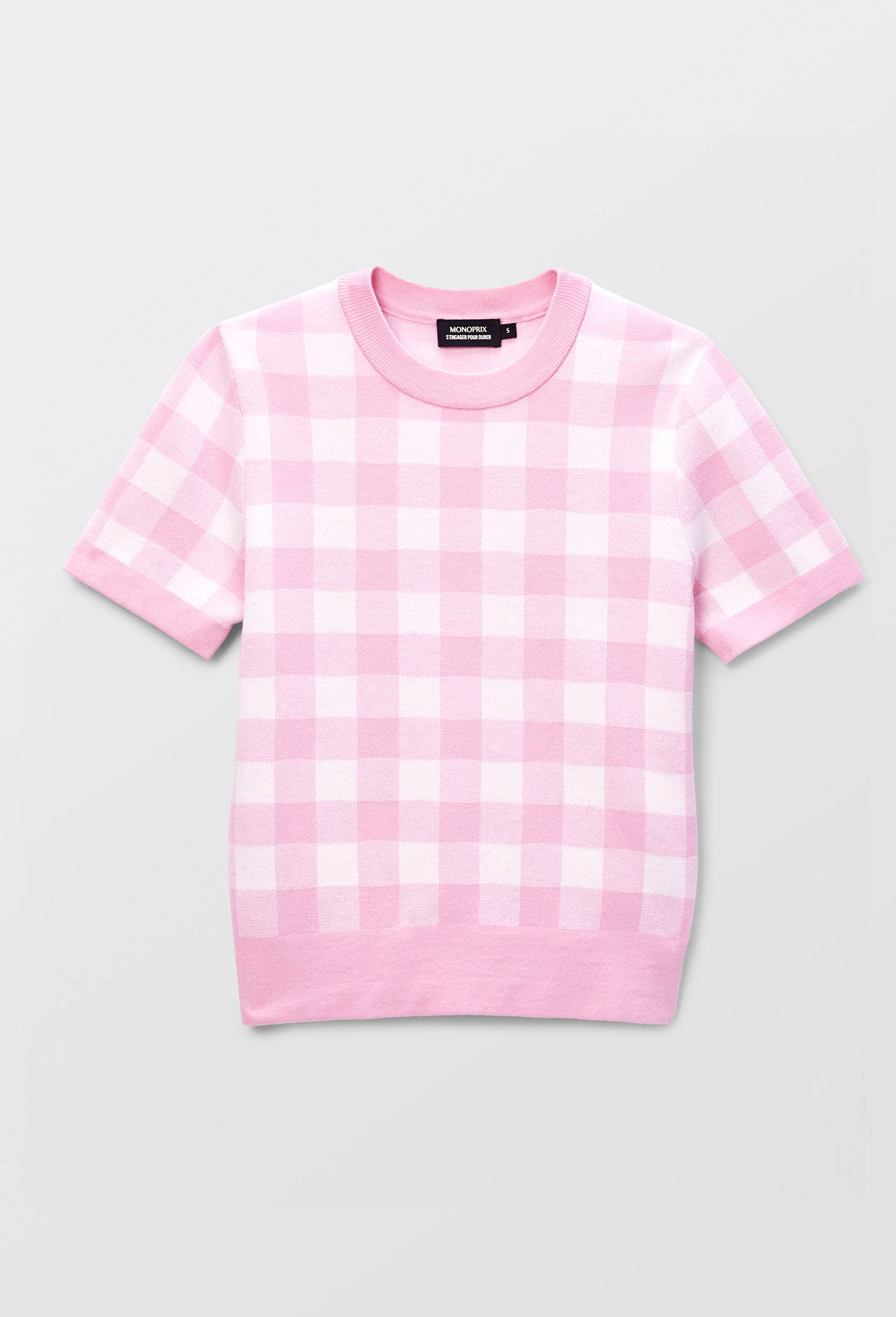 Pull manches courtes motif vichy, Rose, large image number 3