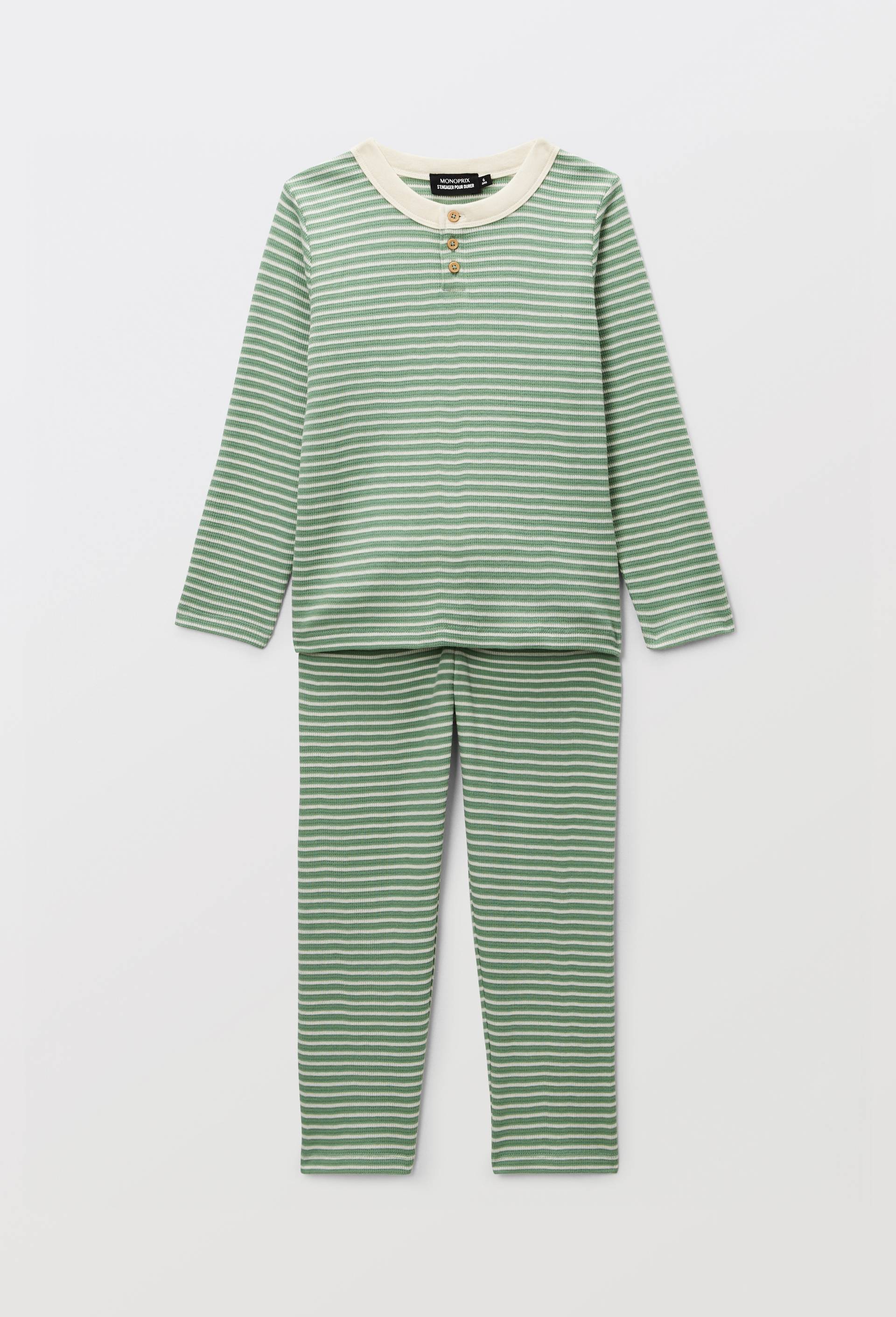 Pyjama manches longues ray&eacute; en coton BIO GOTS, Vert, large image number 1.0