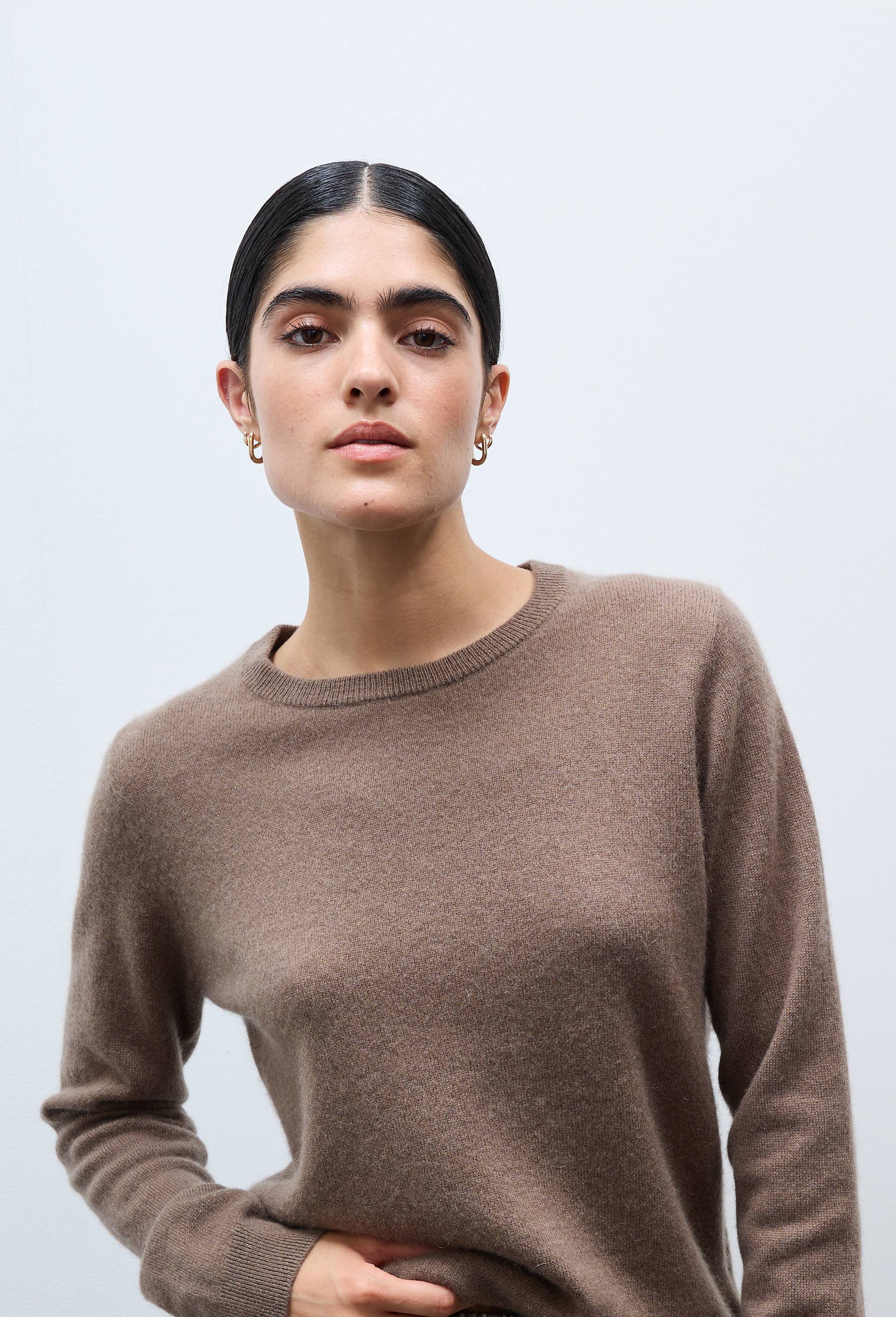 Pull uni col rond en 100% cachemire, Brun, large image number 0.0