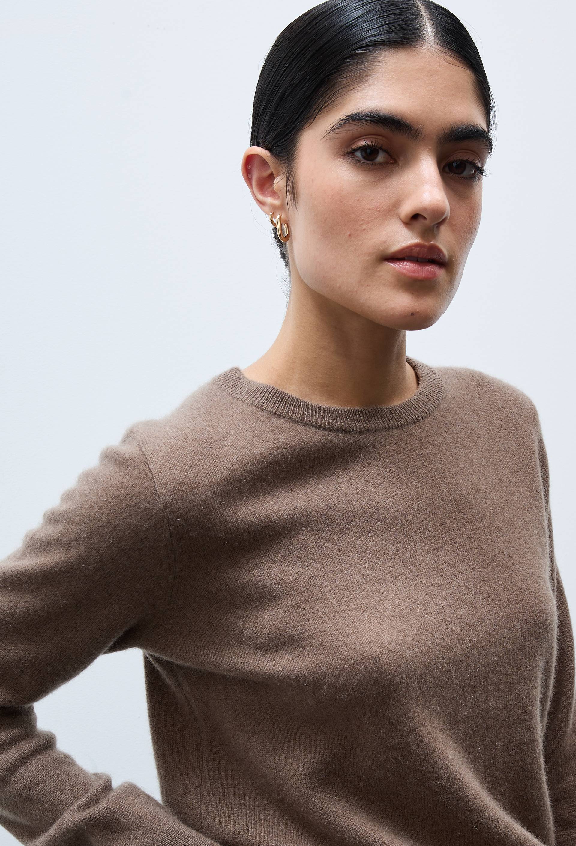 Pull uni col rond en 100% cachemire, Brun, large image number 1