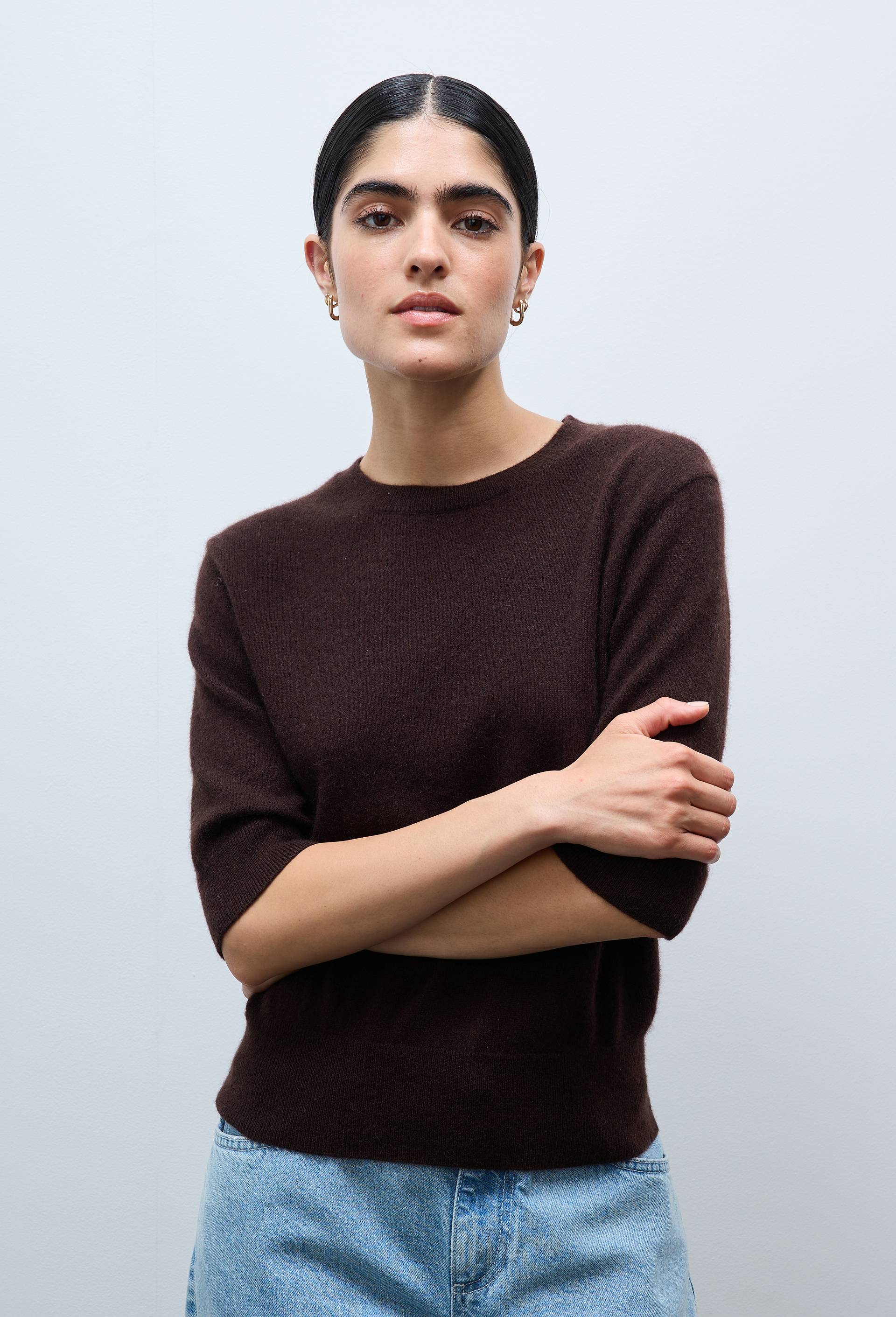 Pull uni manches courtes en 100% cachemire, Brun clair, large image number 0.0
