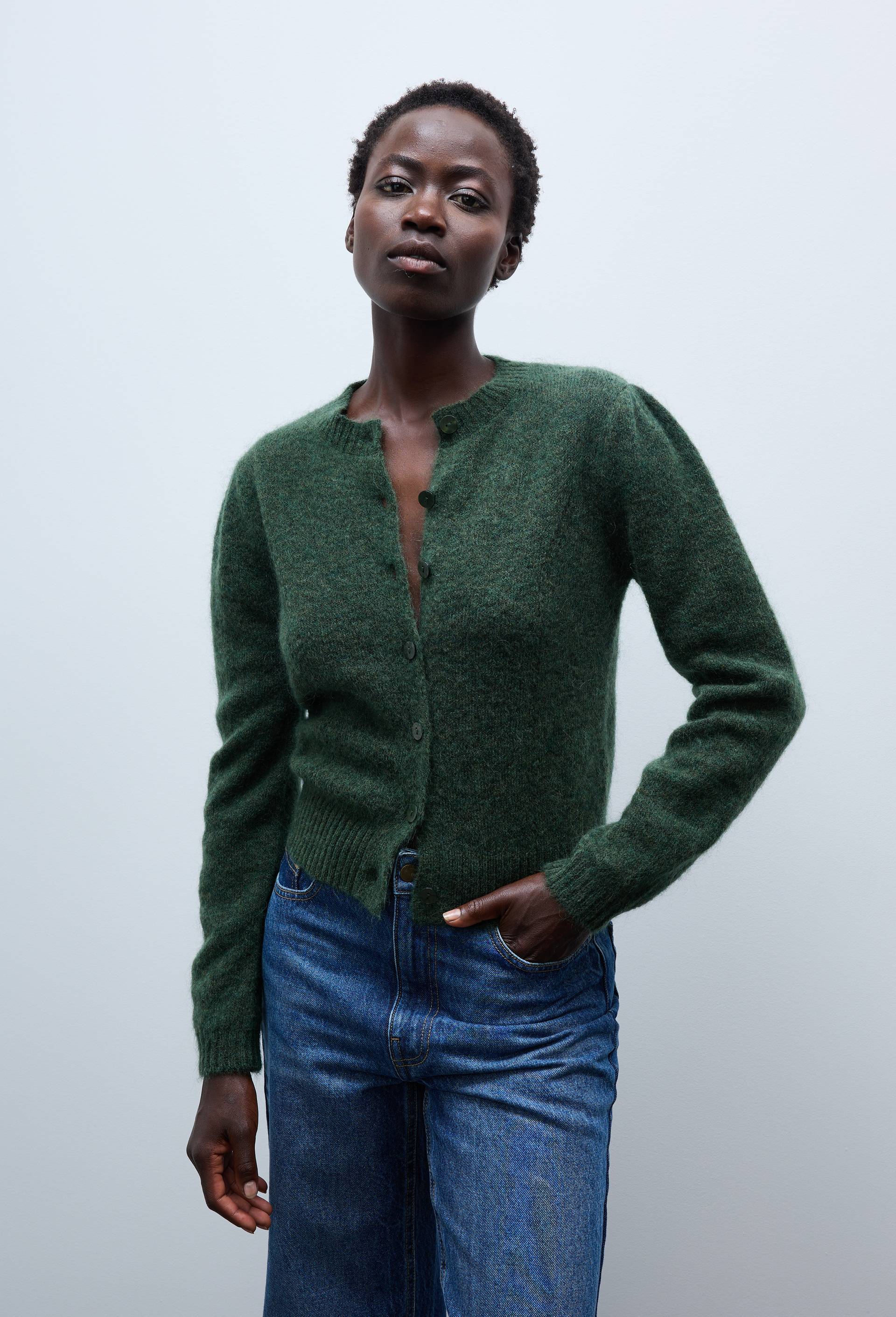 Cardigan manches coudes contenant du mohair, Vert fonc&eacute;, swatch image