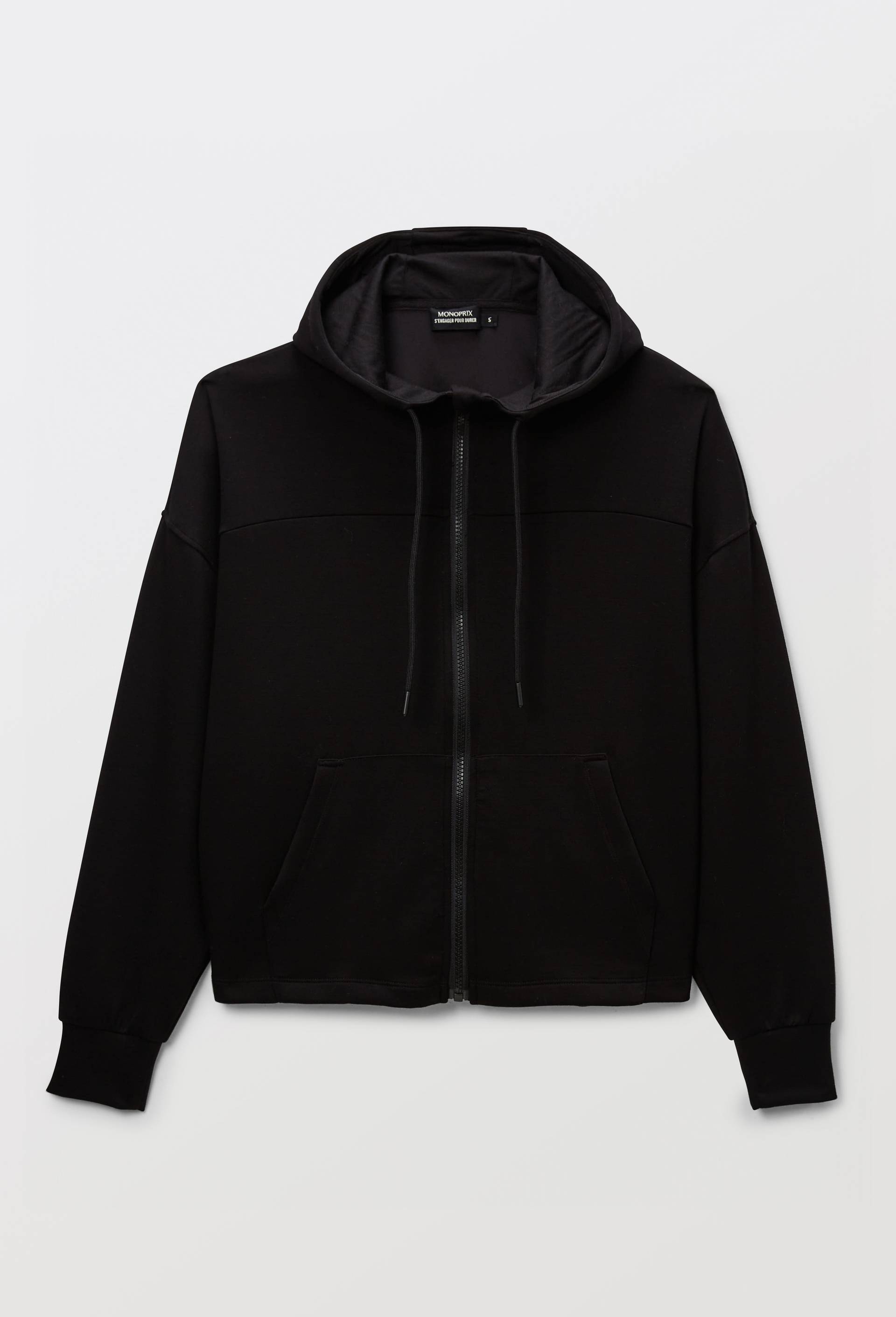 Sweat &agrave; capuche zipp&eacute; fluide en viscose et polyamide, Noir, large image number 2.0
