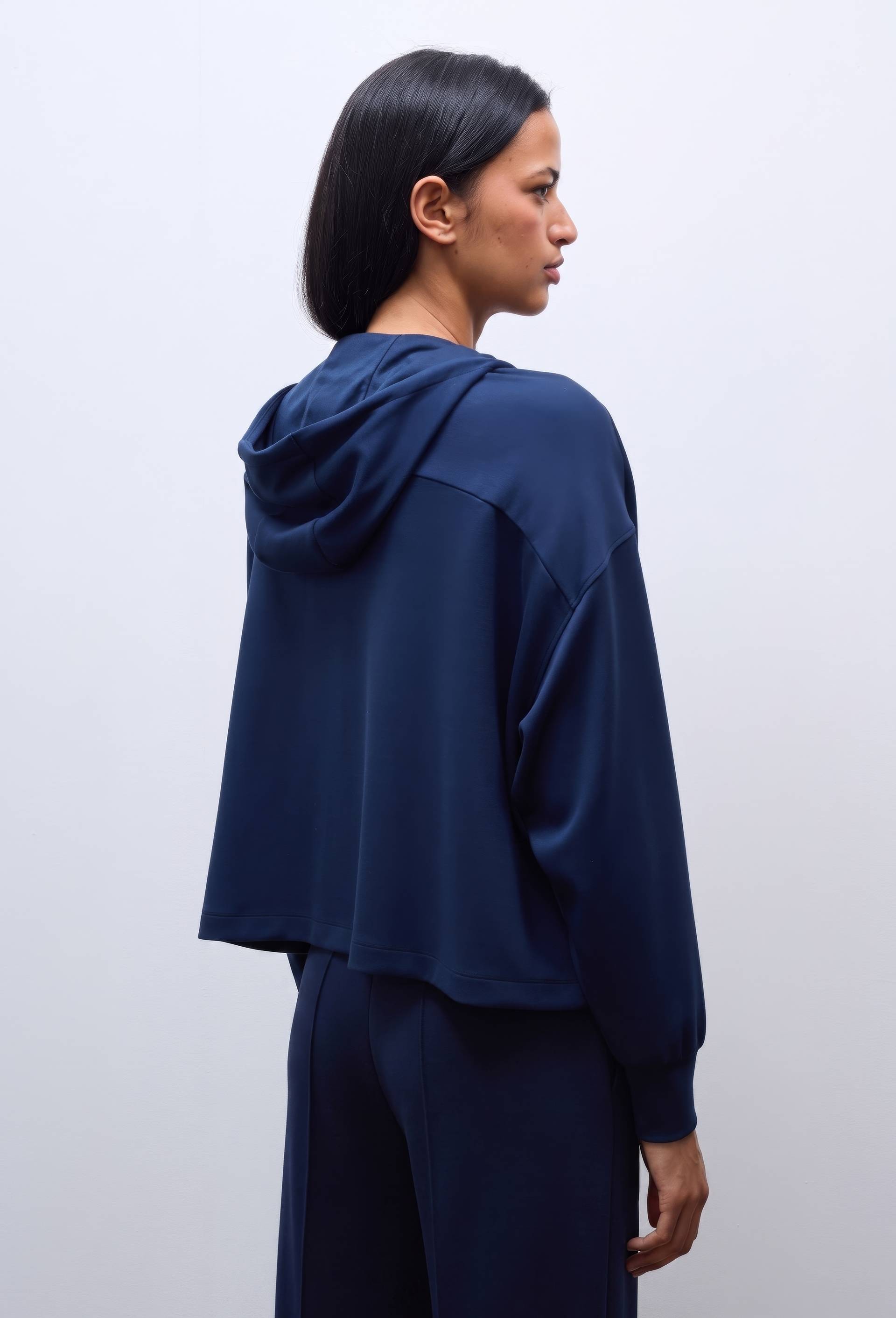 Sweat &agrave; capuche zipp&eacute; fluide en viscose et polyamide, Bleu fonc&eacute;, large image number 1