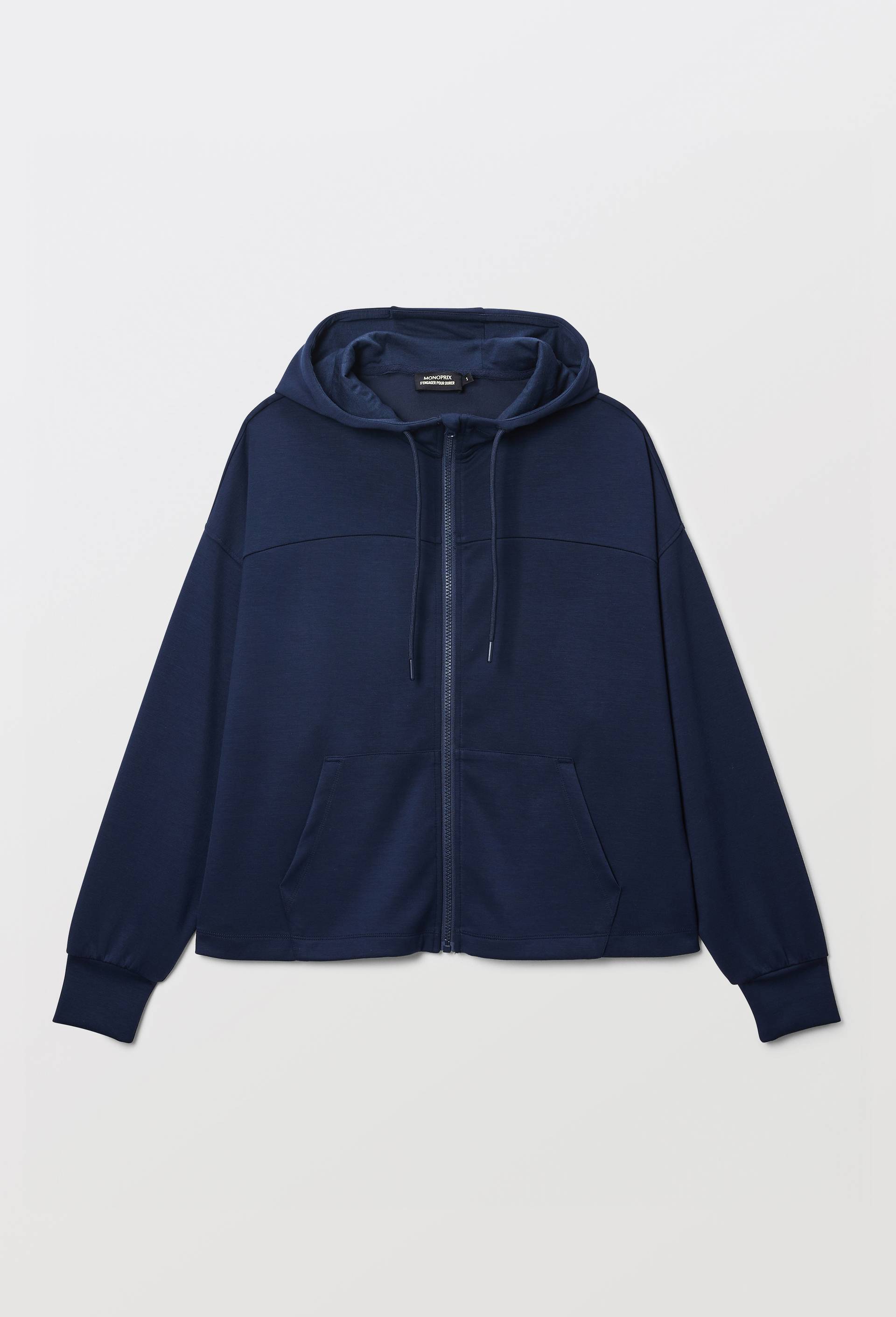 Sweat &agrave; capuche zipp&eacute; fluide en viscose et polyamide, Bleu fonc&eacute;, large image number 2.0