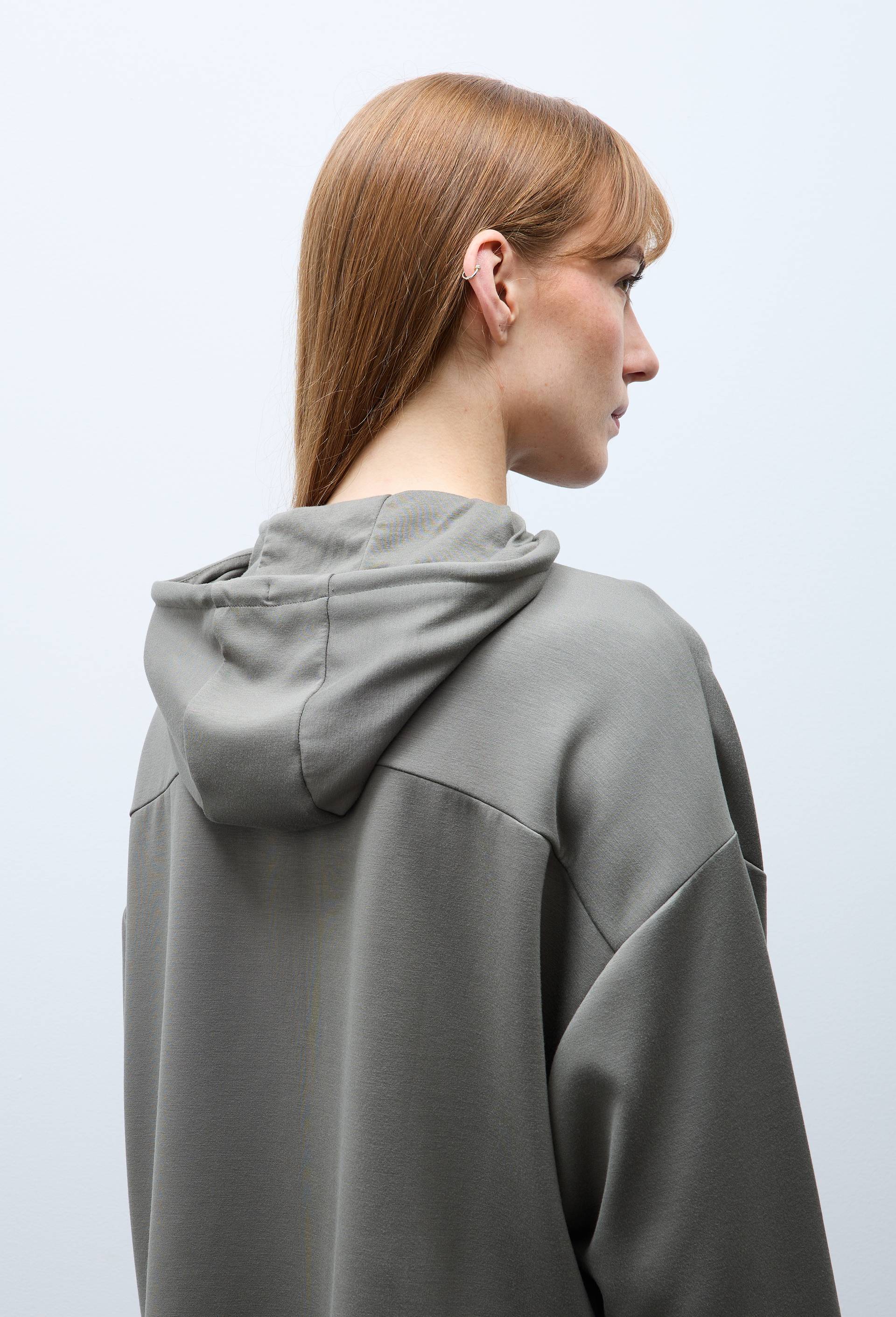 Sweat &agrave; capuche zipp&eacute; fluide en viscose et polyamide, Vert, large image number 1.0