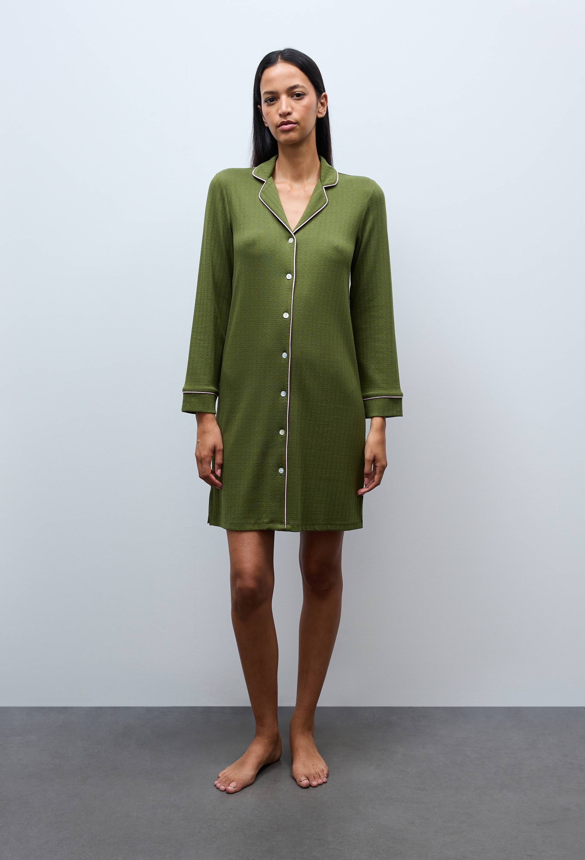 Chemise de nuit manches longues en modal et coton, Vert, large image number 0