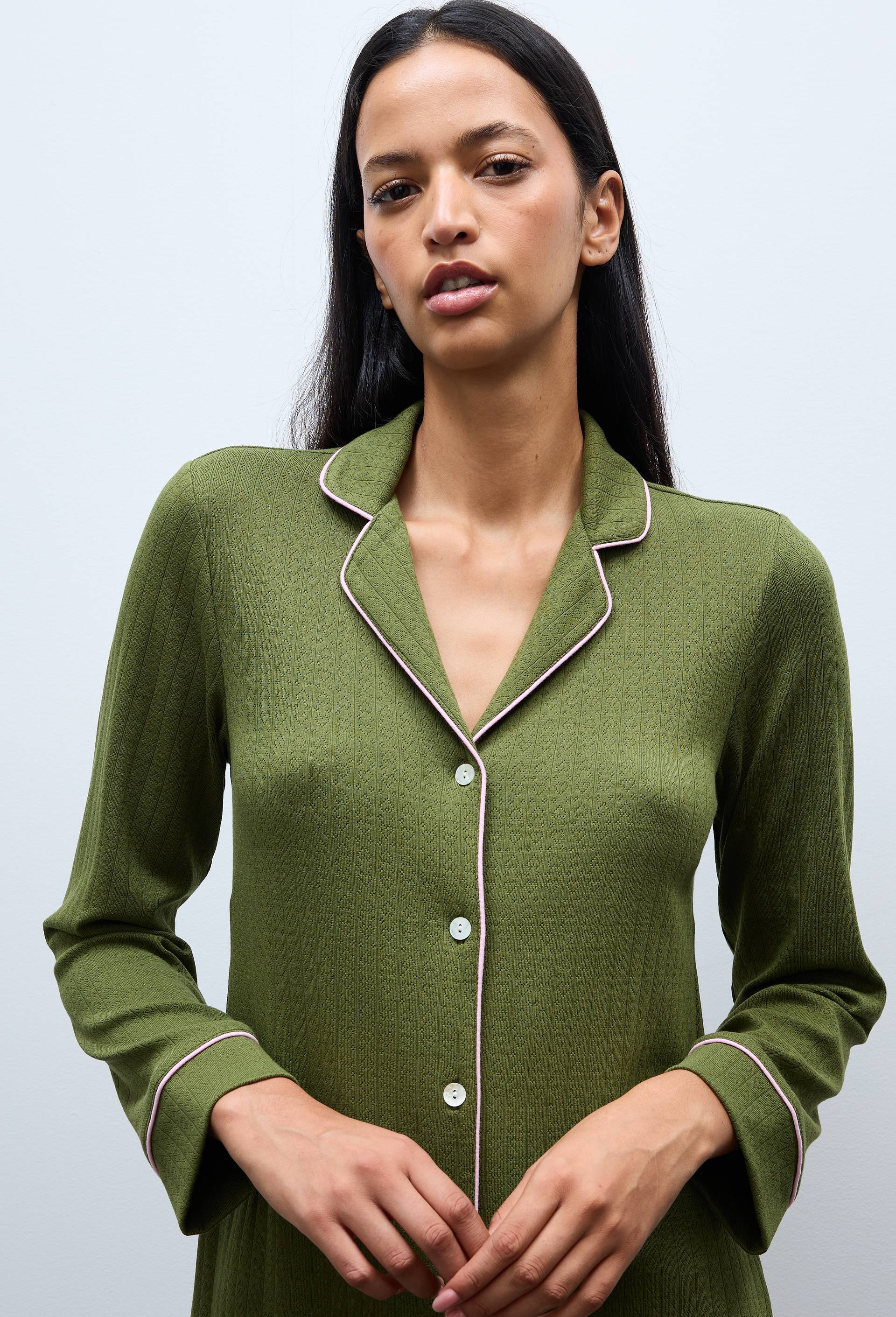 Chemise de nuit manches longues en modal et coton, Vert, large image number 1.0
