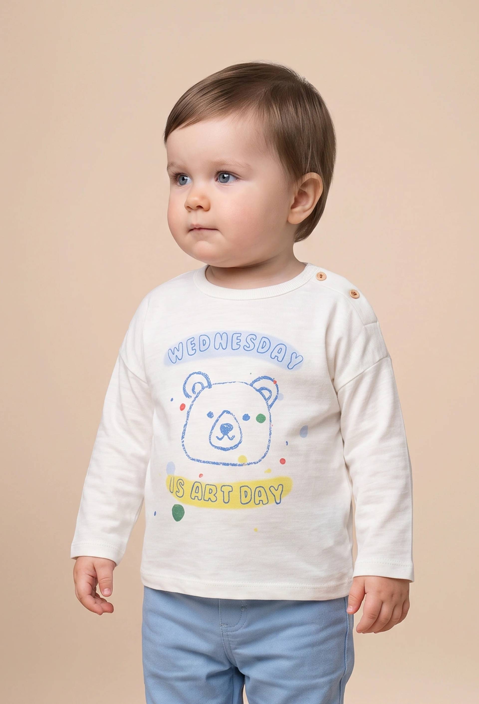 T-shirt manches longues imprim&eacute; en coton BIO GOTS, Beige clair, large image number 0.0