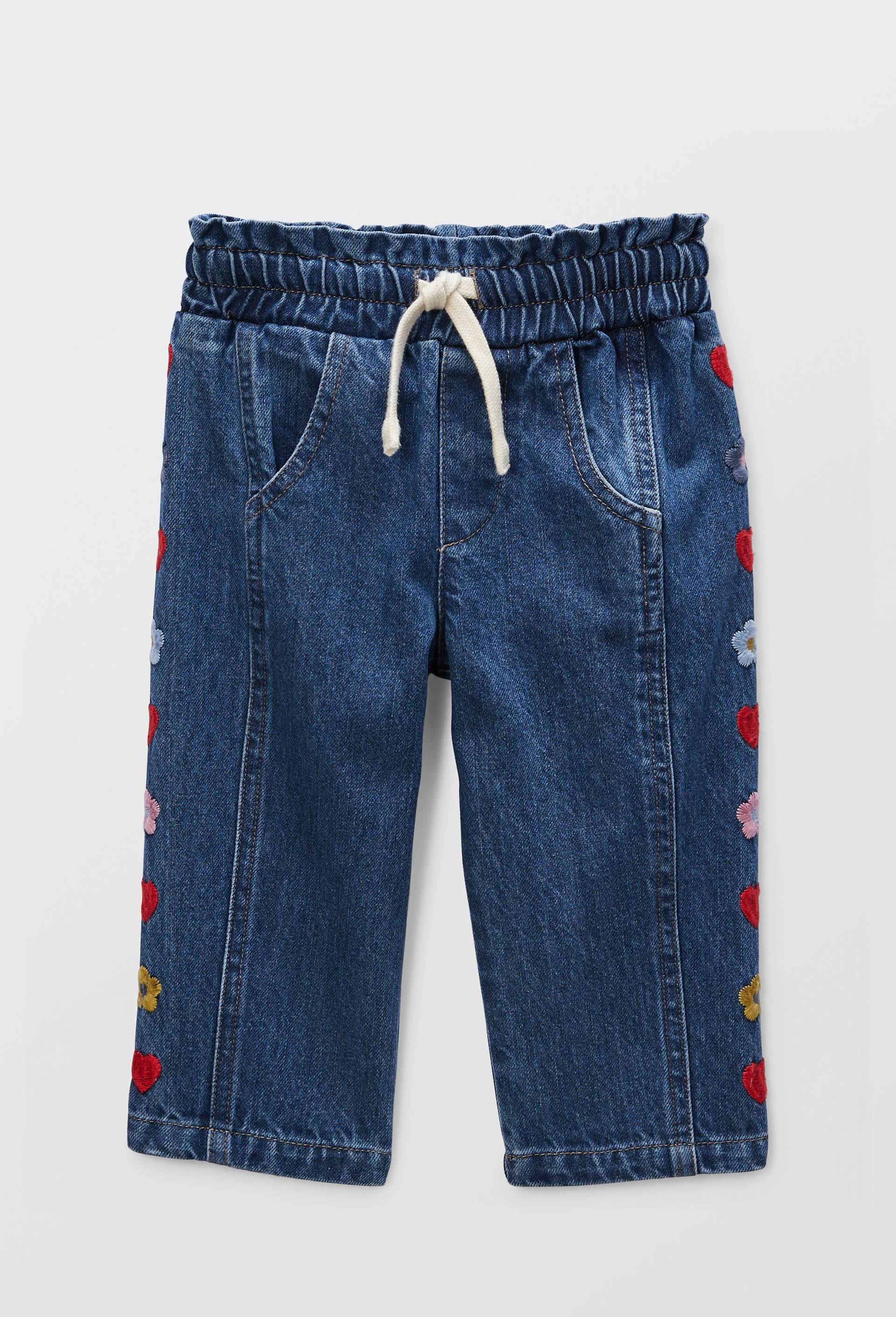 Jean taille &eacute;lastique brod&eacute; en coton, Bleu fonc&eacute;, large image number 1.0