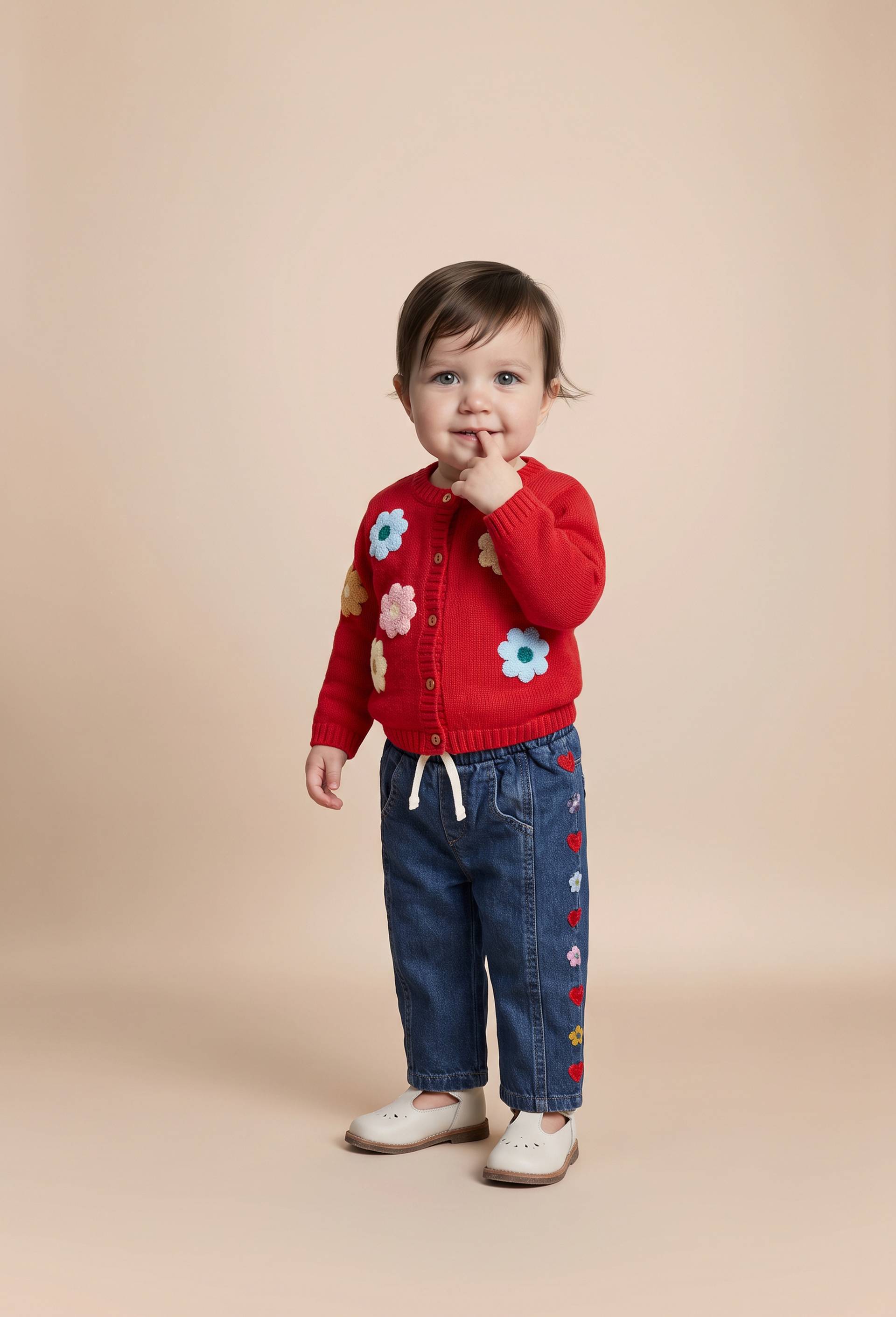 Jean taille &eacute;lastique brod&eacute; en coton, Bleu fonc&eacute;, large image number 1