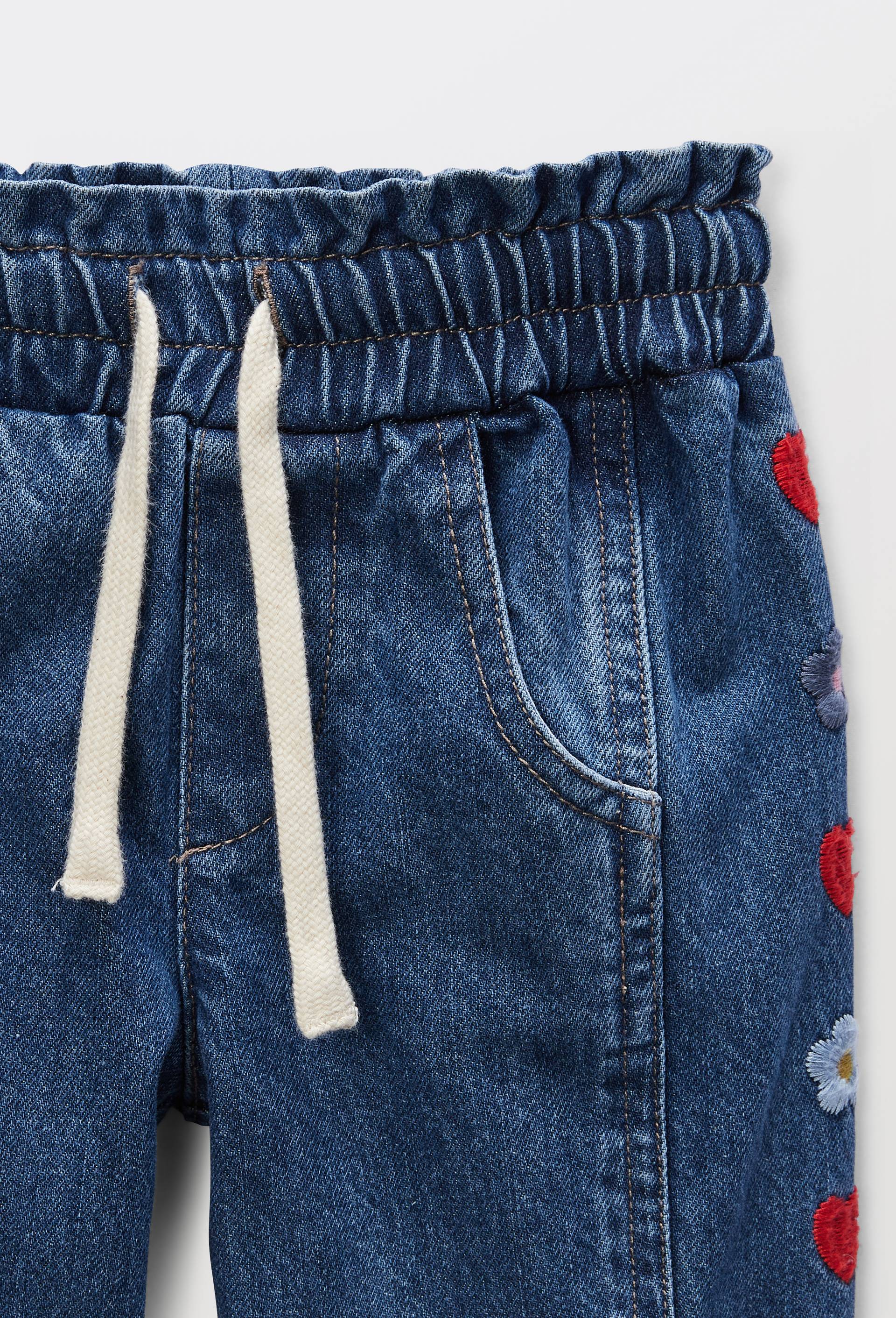Jean taille &eacute;lastique brod&eacute; en coton, Bleu fonc&eacute;, large image number 3
