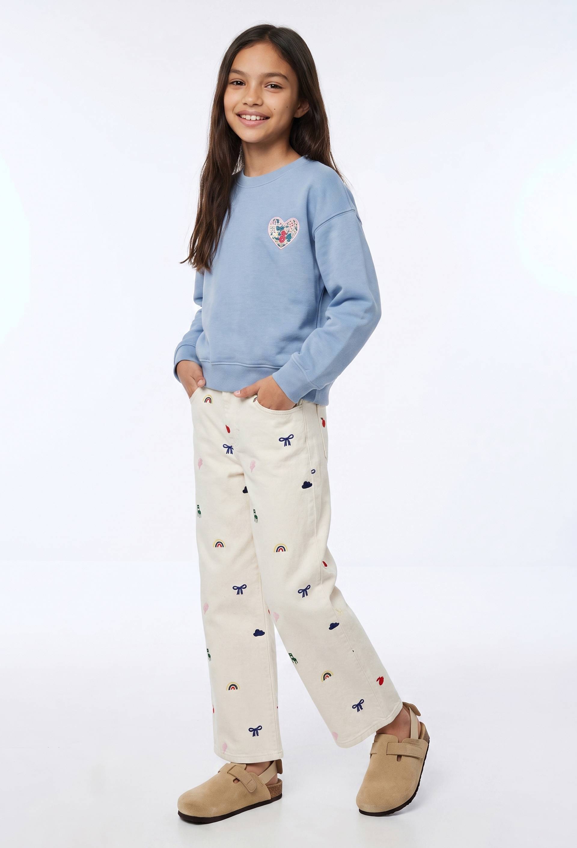 Pantalon large avec broderies en coton, Beige clair, large image number 0