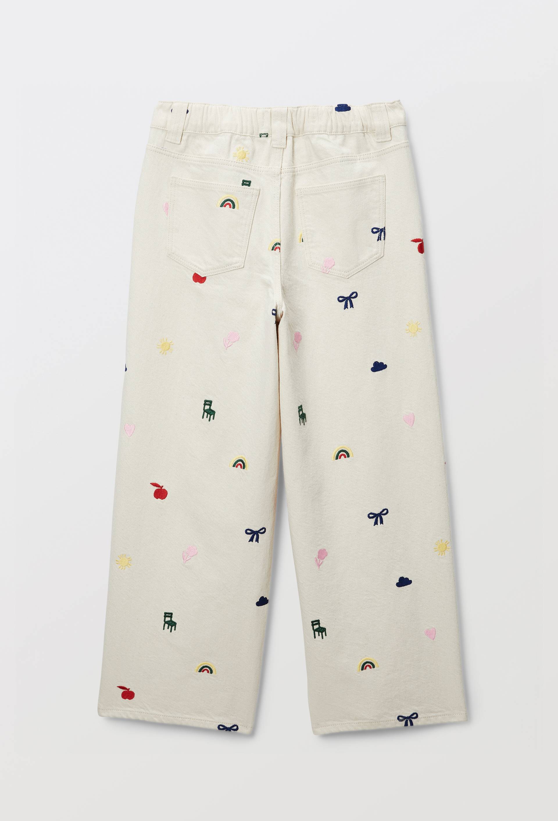Pantalon large avec broderies en coton, Beige clair, large image number 2
