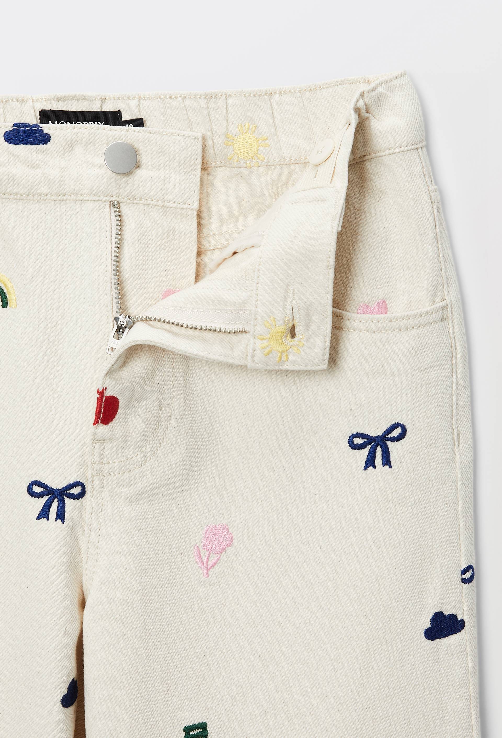Pantalon large avec broderies en coton, Beige clair, large image number 3.0