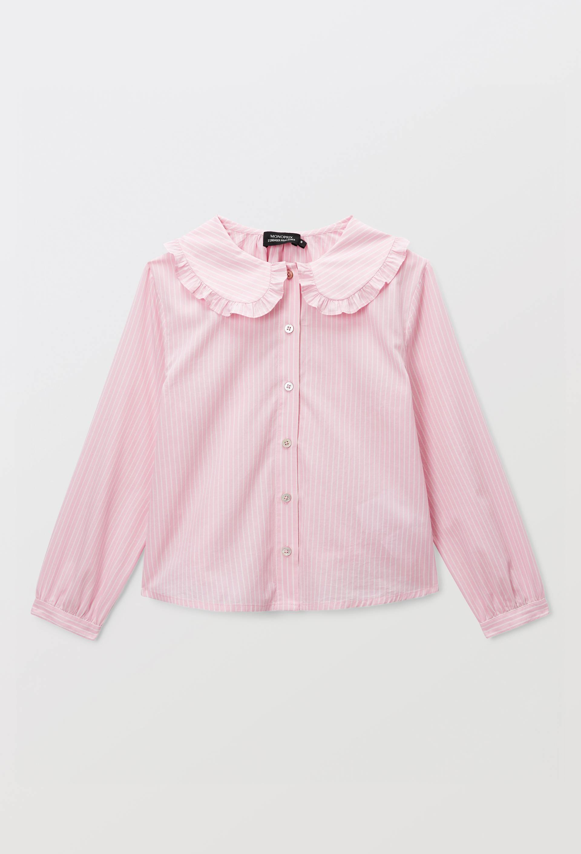 Blouse col claudine ray&eacute;e en coton, Rose, large image number 1