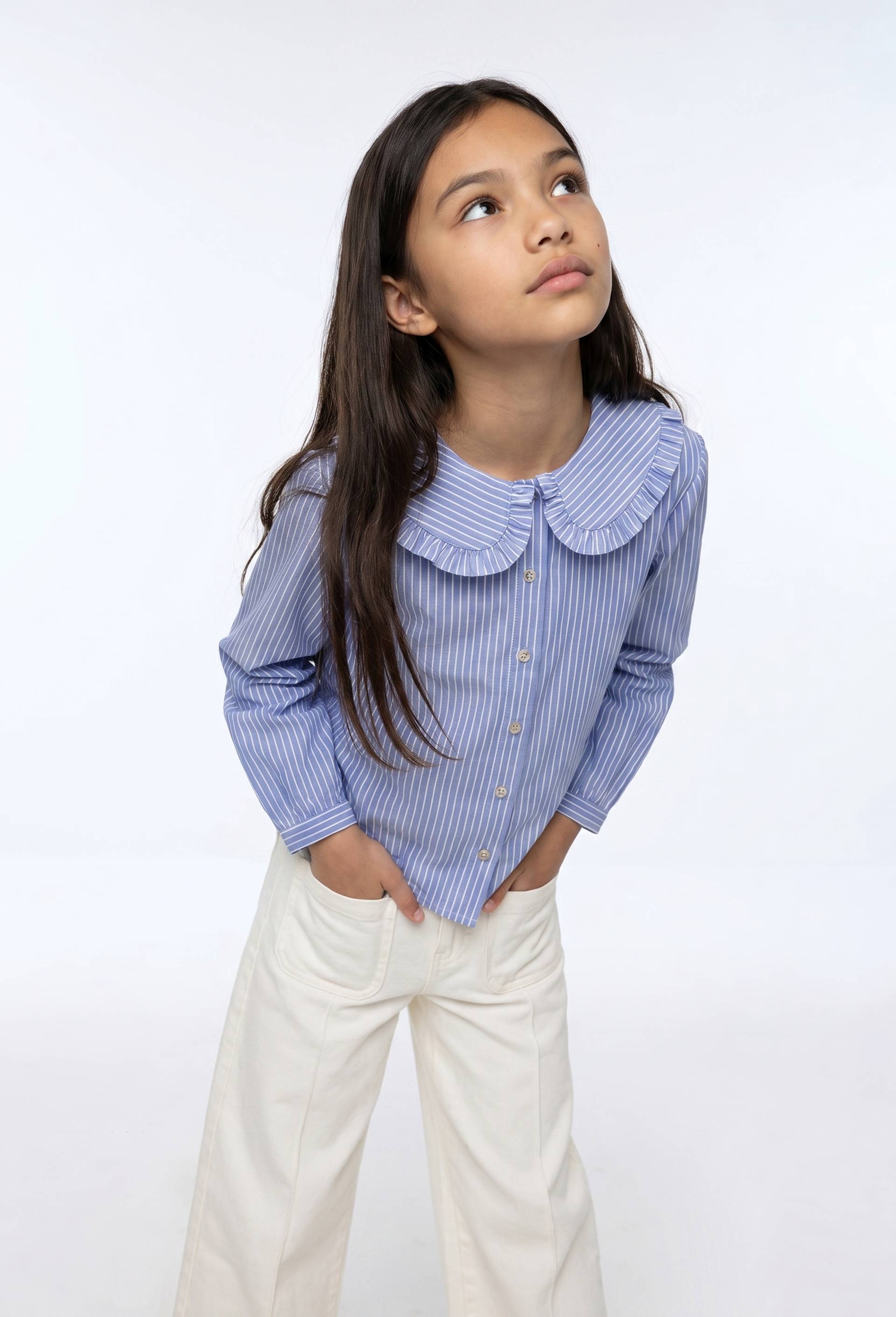Blouse col claudine ray&eacute;e en coton, Bleu, large image number 0