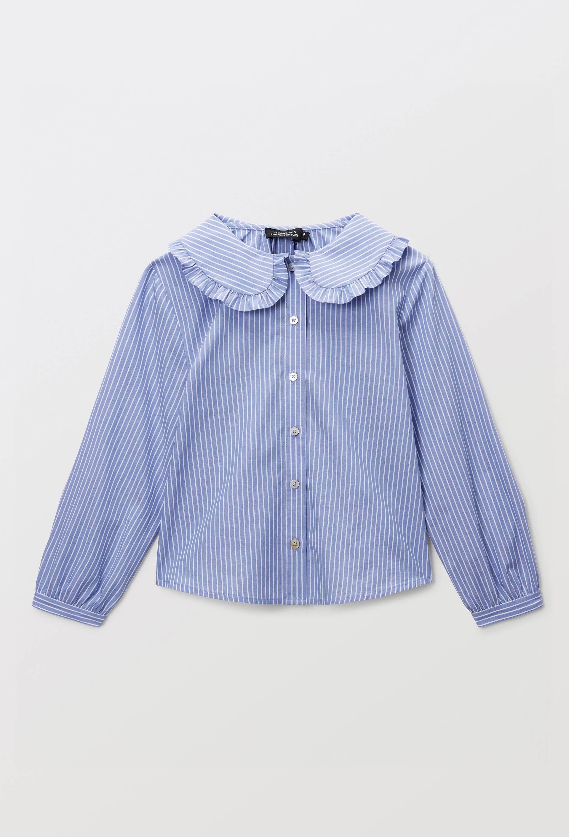 Blouse col claudine ray&eacute;e en coton, Bleu, large image number 1.0
