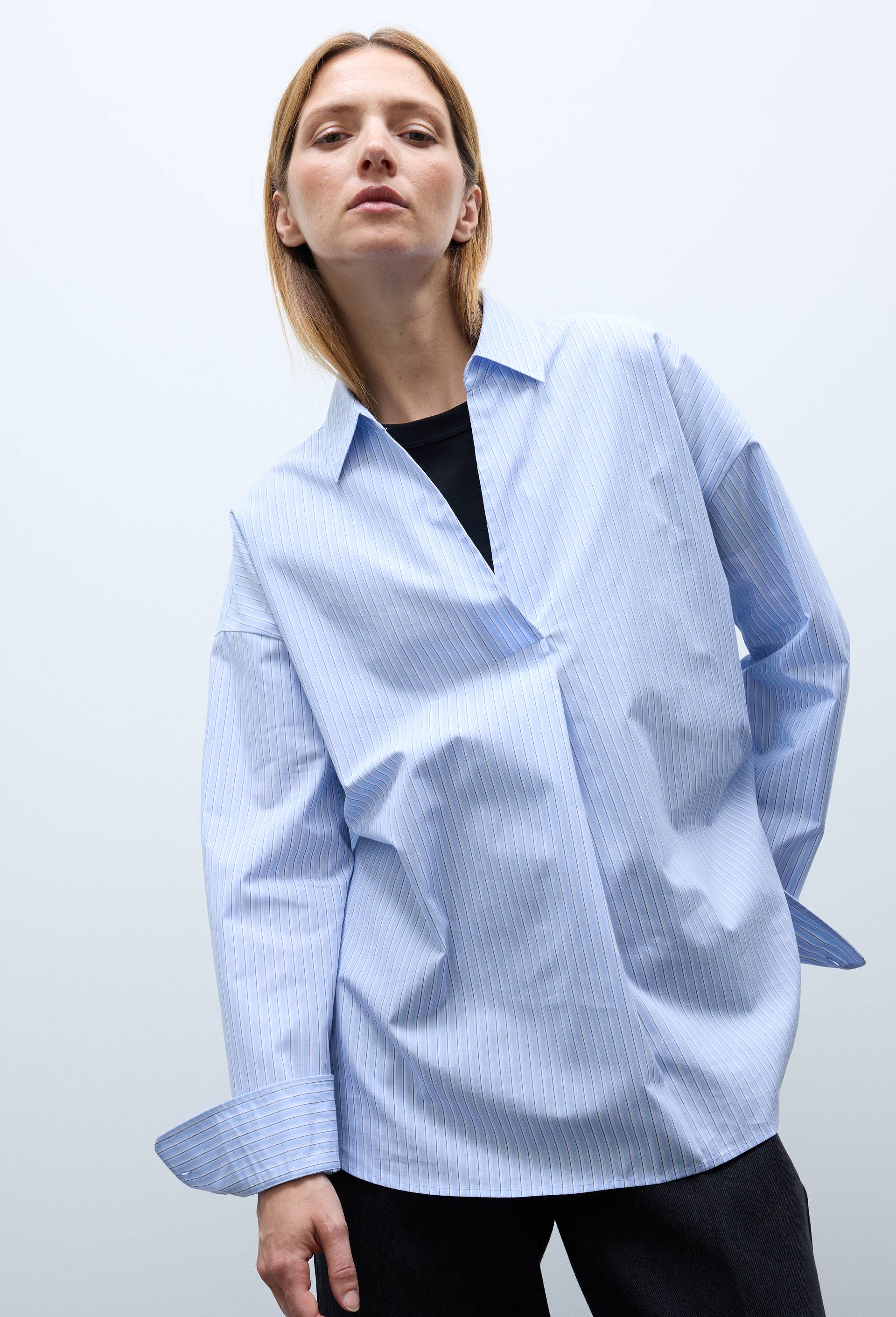 Blouse manches longues ray&eacute;e en coton BIO GOTS, Bleu, large image number 0