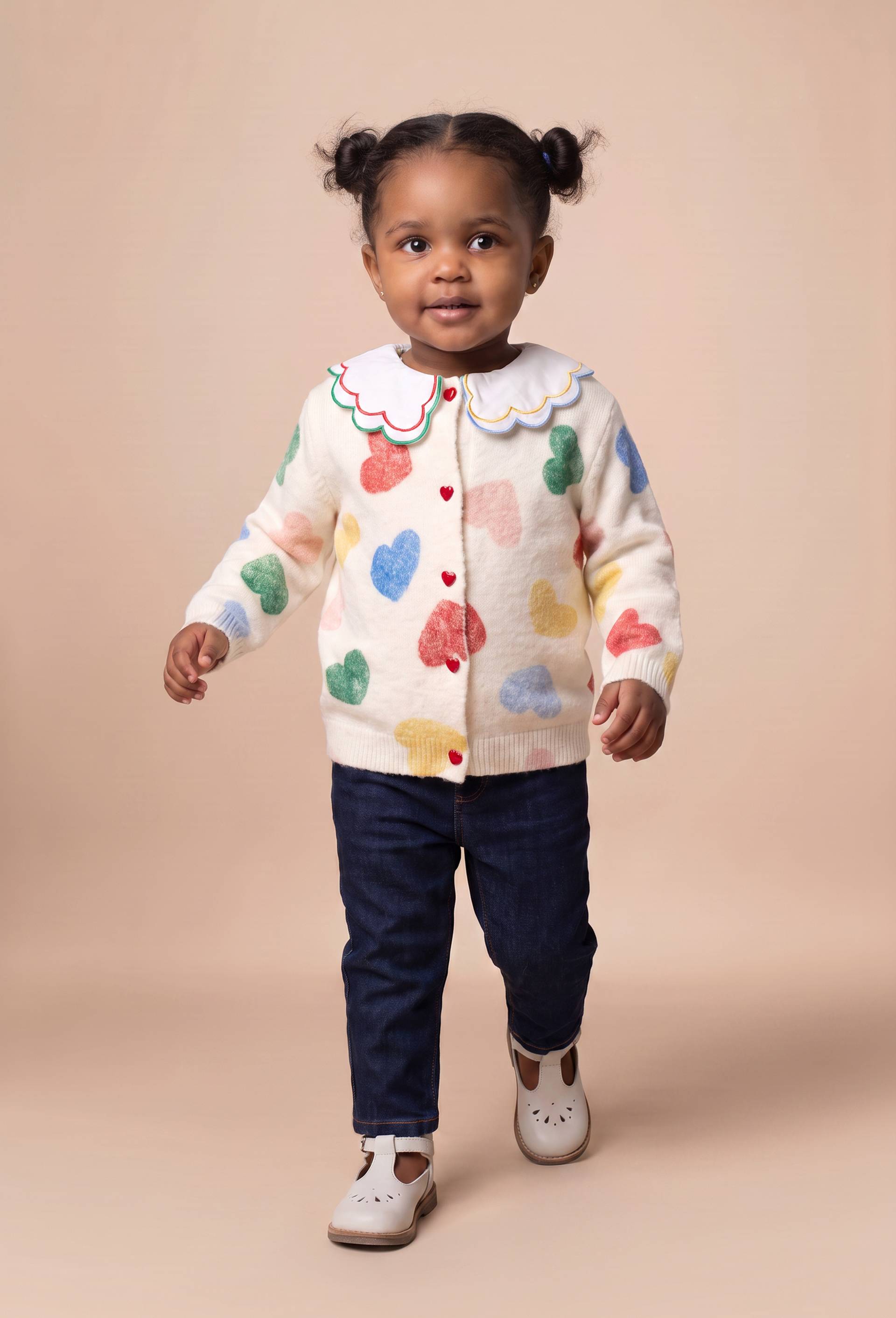 Cardigan tricot imprim&eacute;, blouse &agrave; col fantaisie et jean droit taille &eacute;lastique b&eacute;b&eacute;, , large