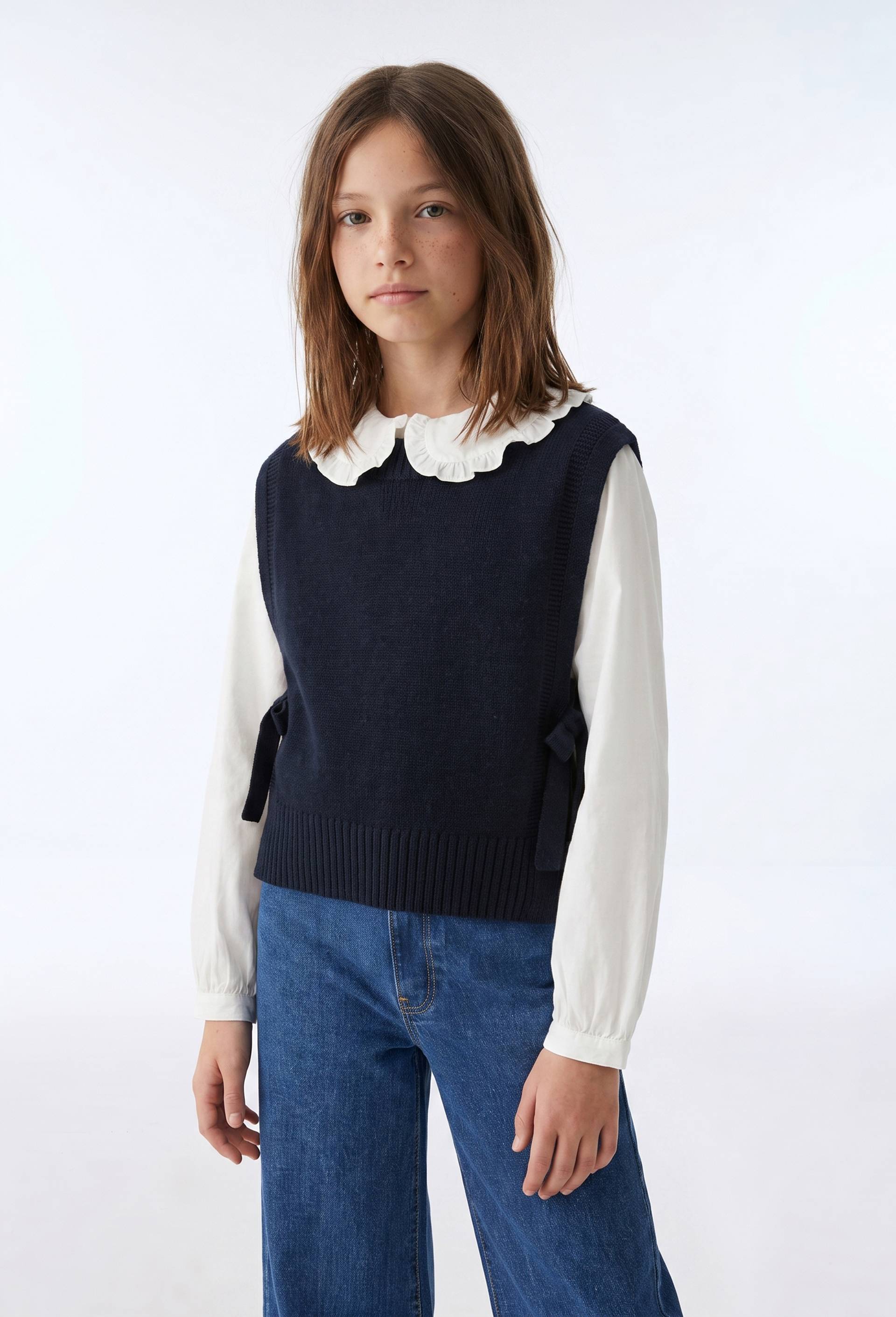 Pull sans manches uni en 100% laine, Bleu fonc&eacute;, large image number 0