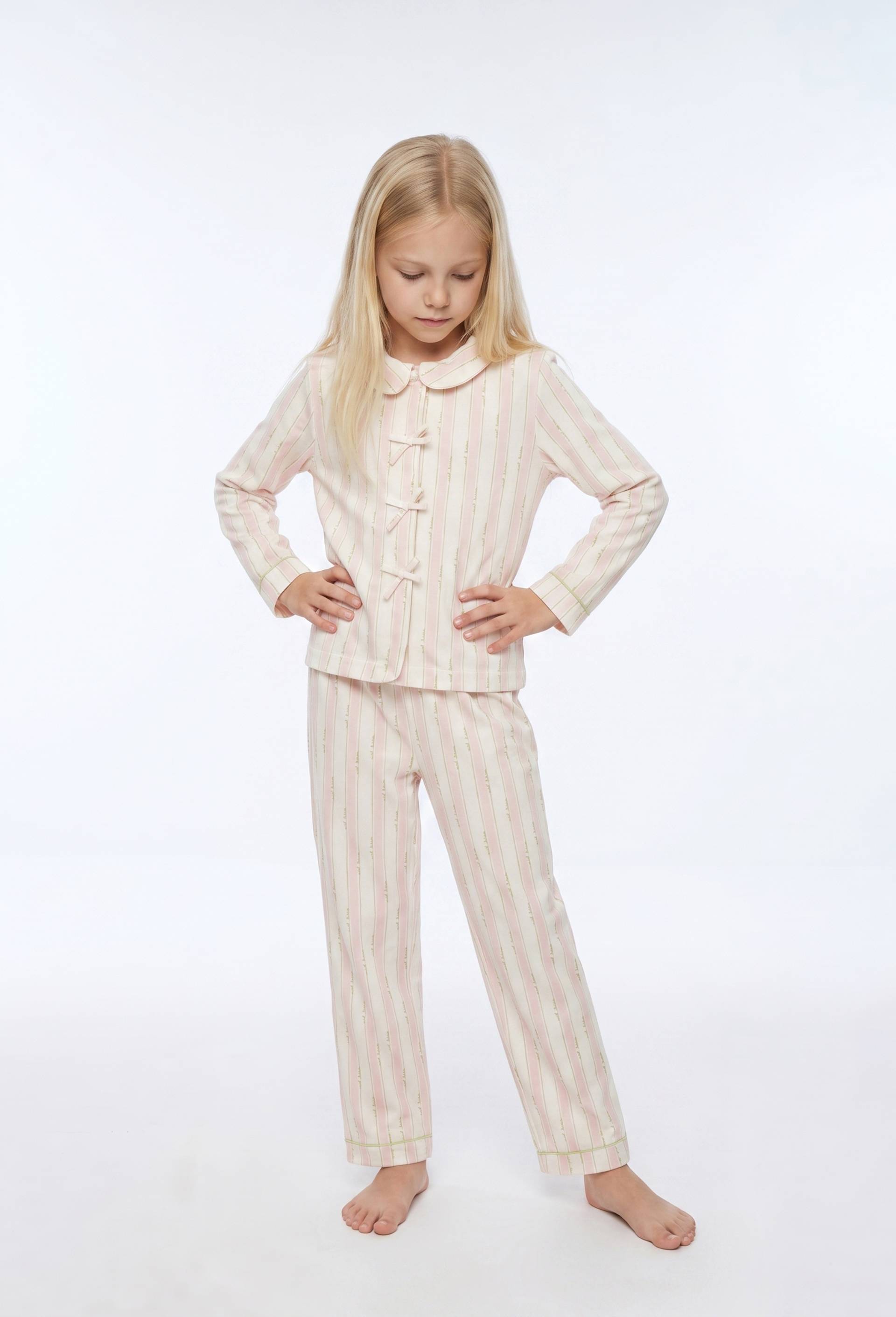 Pyjama manches longues avec col claudine imprim&eacute; en coton BIO GOTS, Beige clair, large image number 0