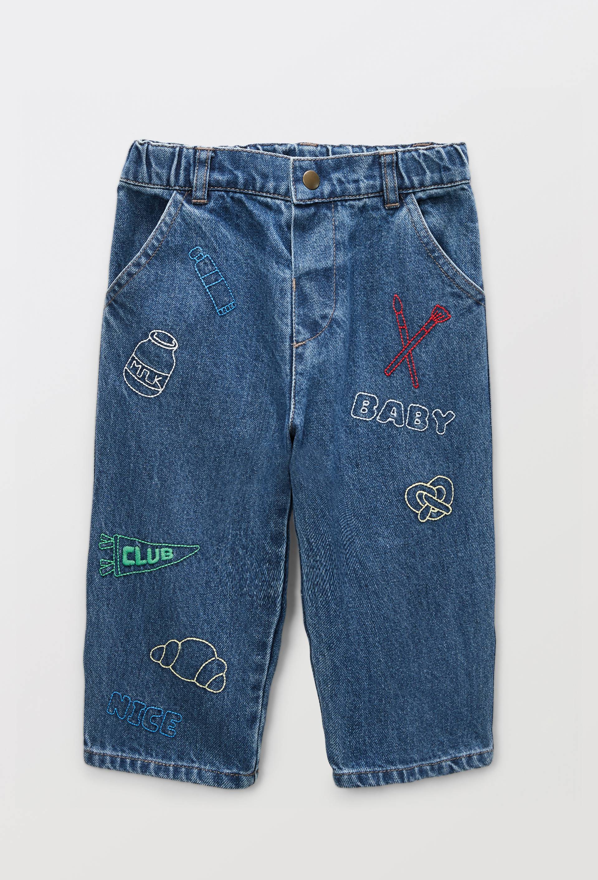 Jean taille &eacute;lastique brod&eacute; en coton, Bleu fonc&eacute;, large image number 0.0