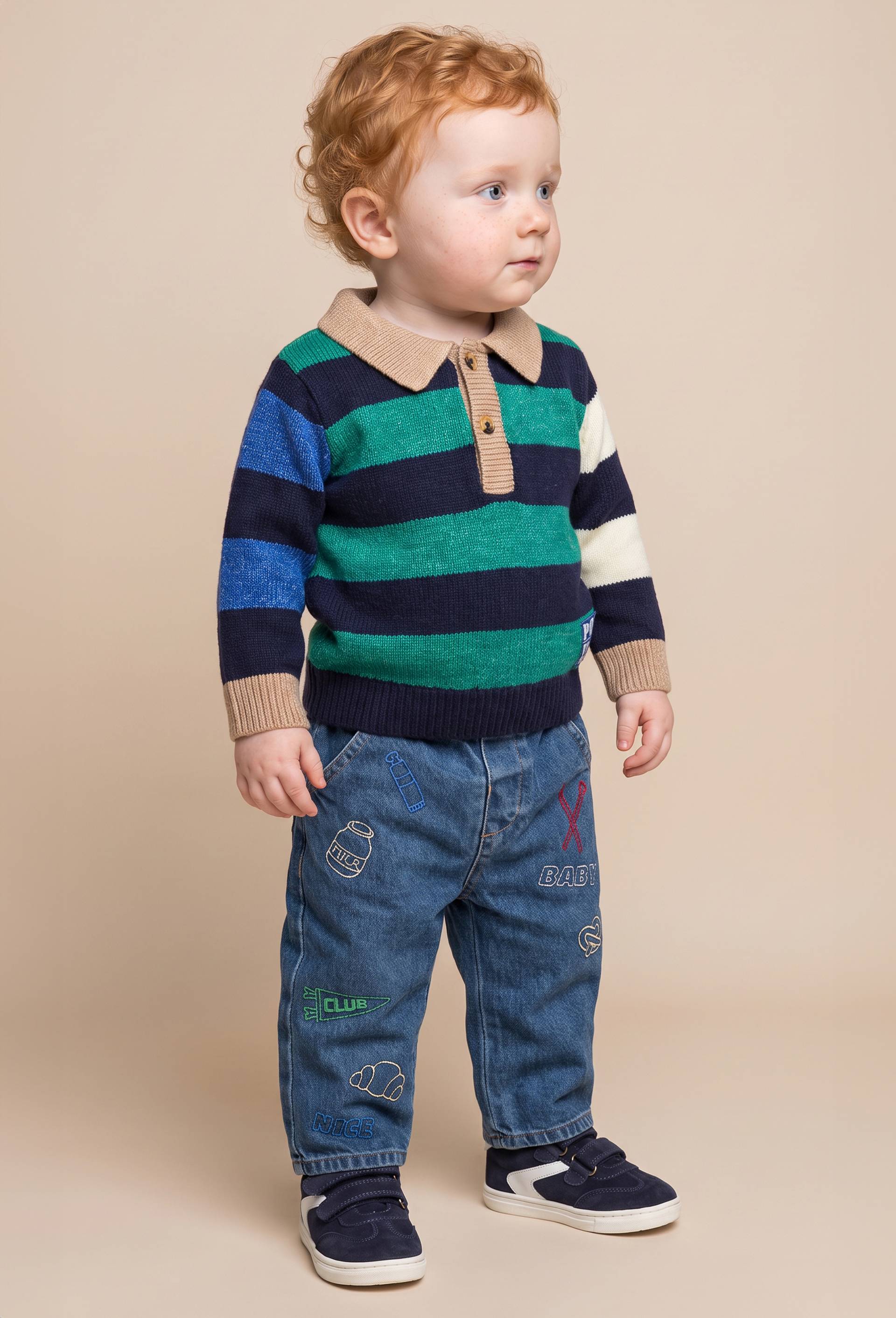 Jean taille &eacute;lastique brod&eacute; en coton, Bleu fonc&eacute;, large image number 0.0