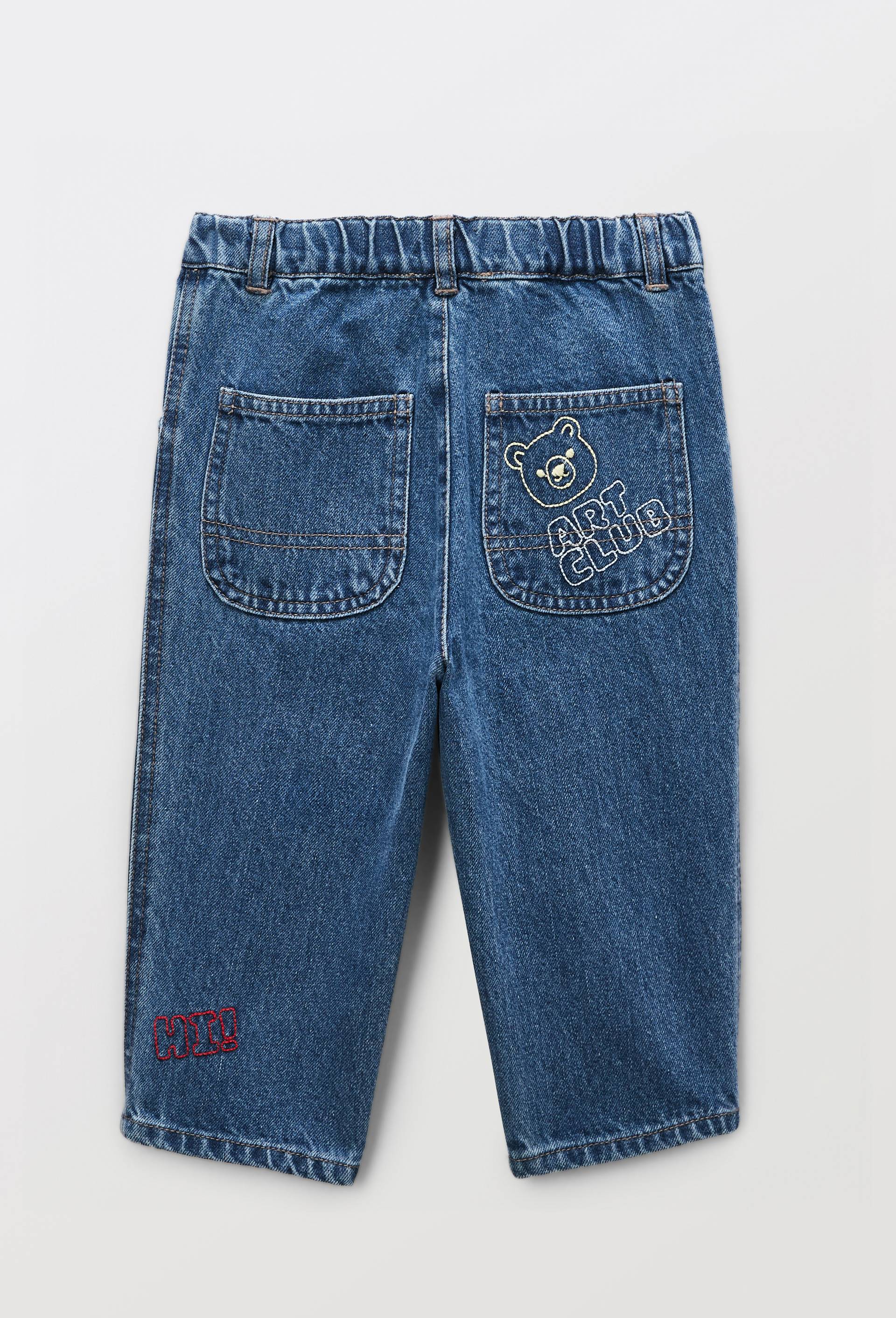 Jean taille &eacute;lastique brod&eacute; en coton, Bleu fonc&eacute;, large image number 1.0