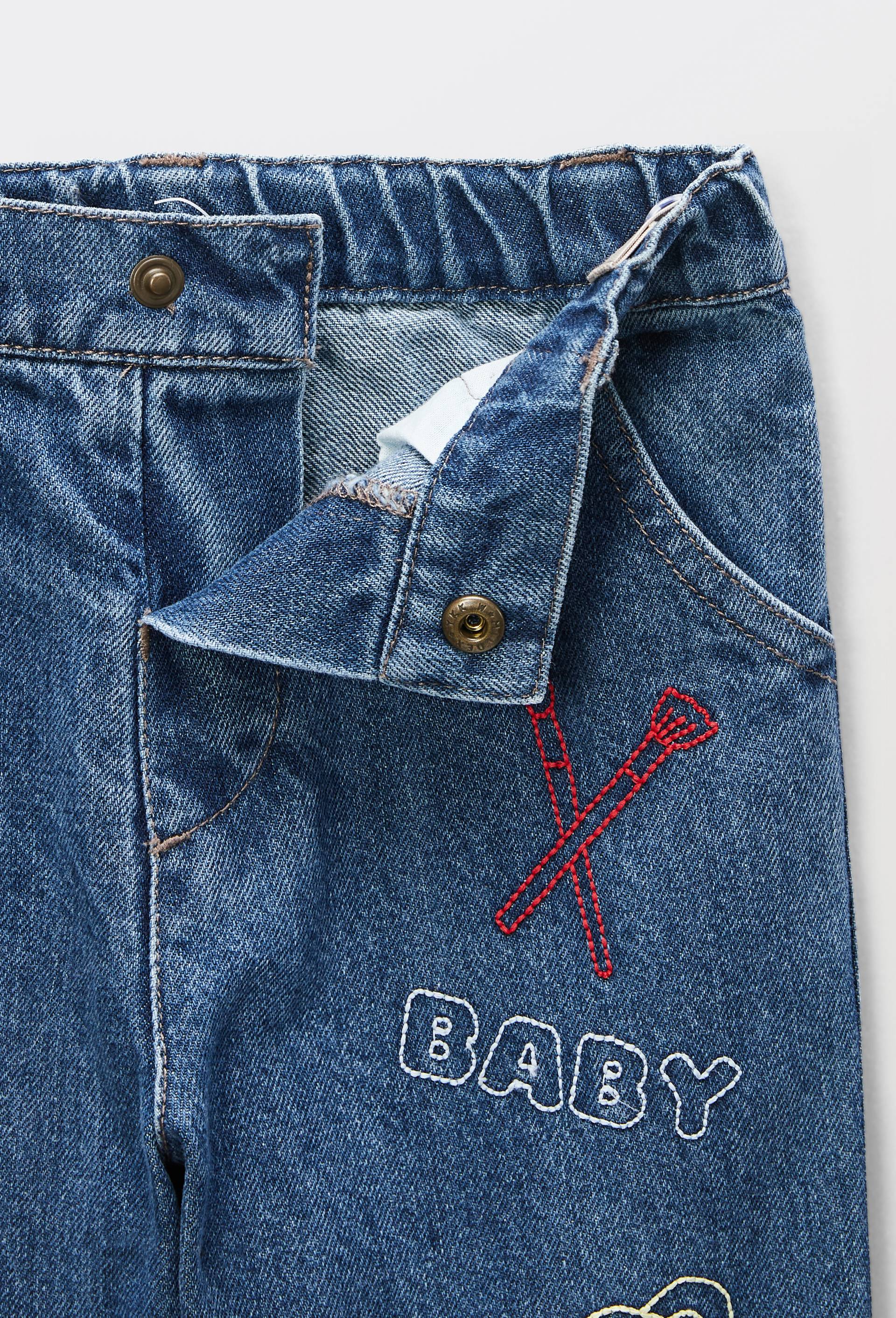 Jean taille &eacute;lastique brod&eacute; en coton, Bleu fonc&eacute;, large image number 2.0