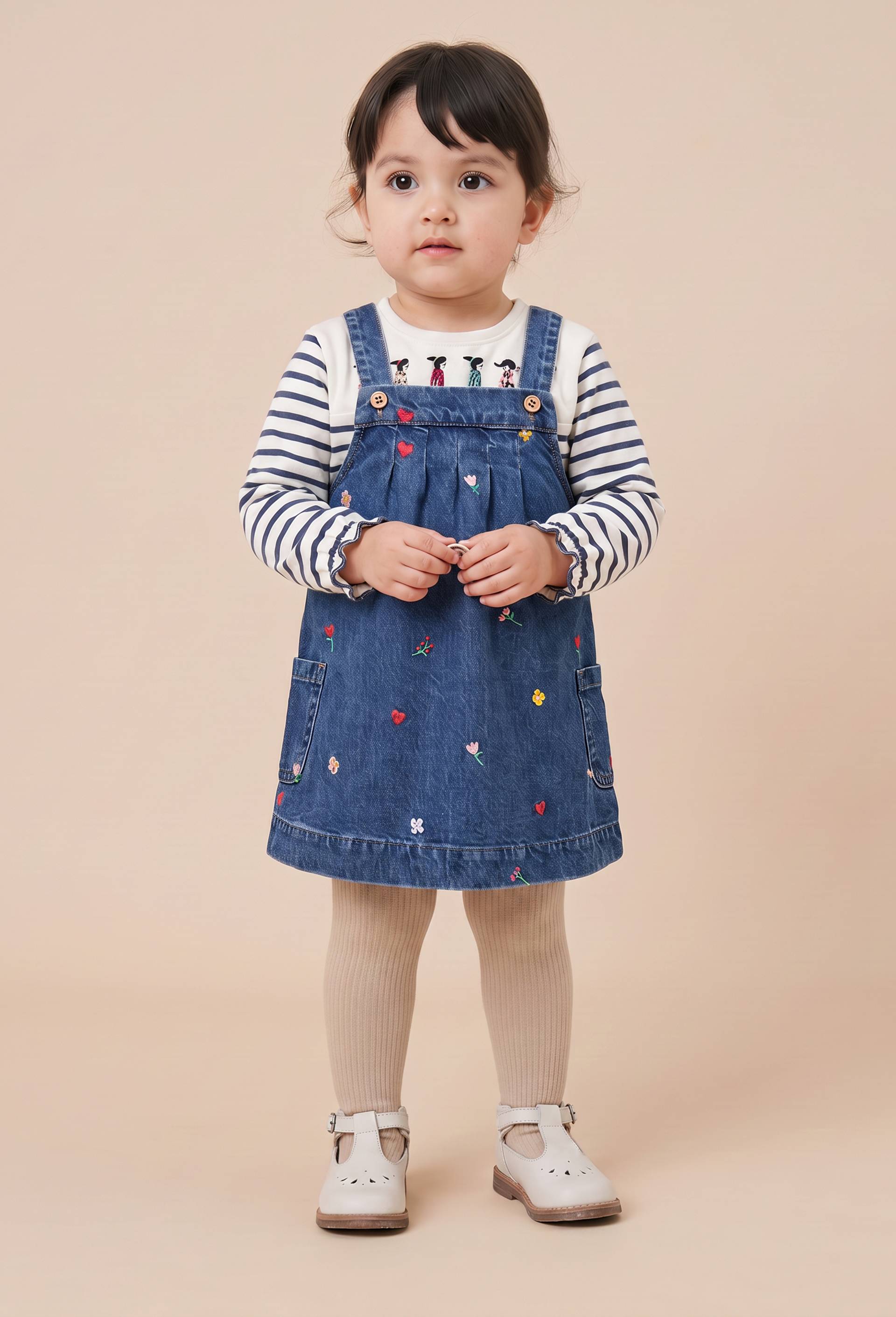 Robe brod&eacute;e bleu et T-shirt manches longues ray&eacute; b&eacute;b&eacute;, , large