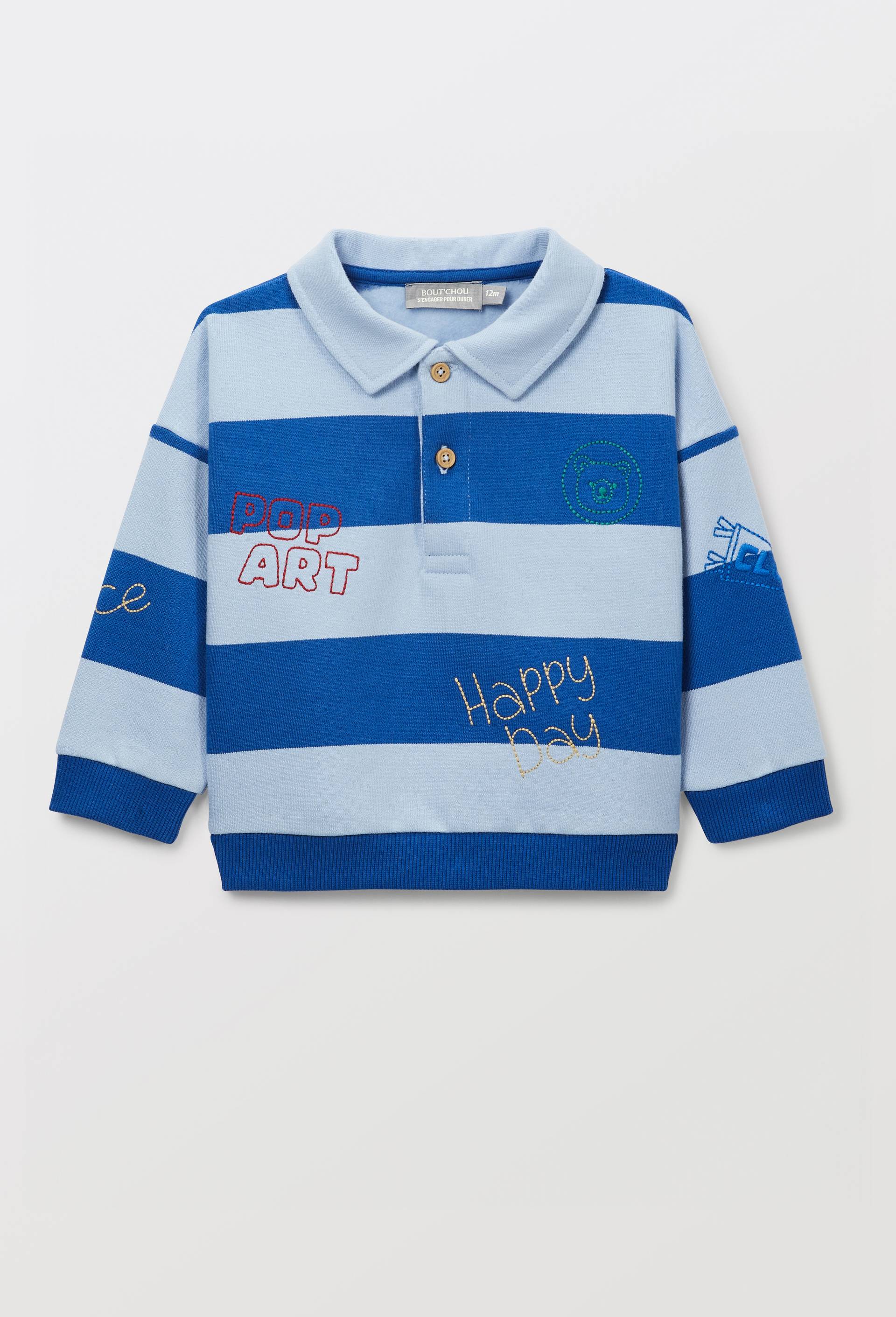 Sweat col polo ray&eacute; et brod&eacute; en coton BIO GOTS, Bleu clair, large