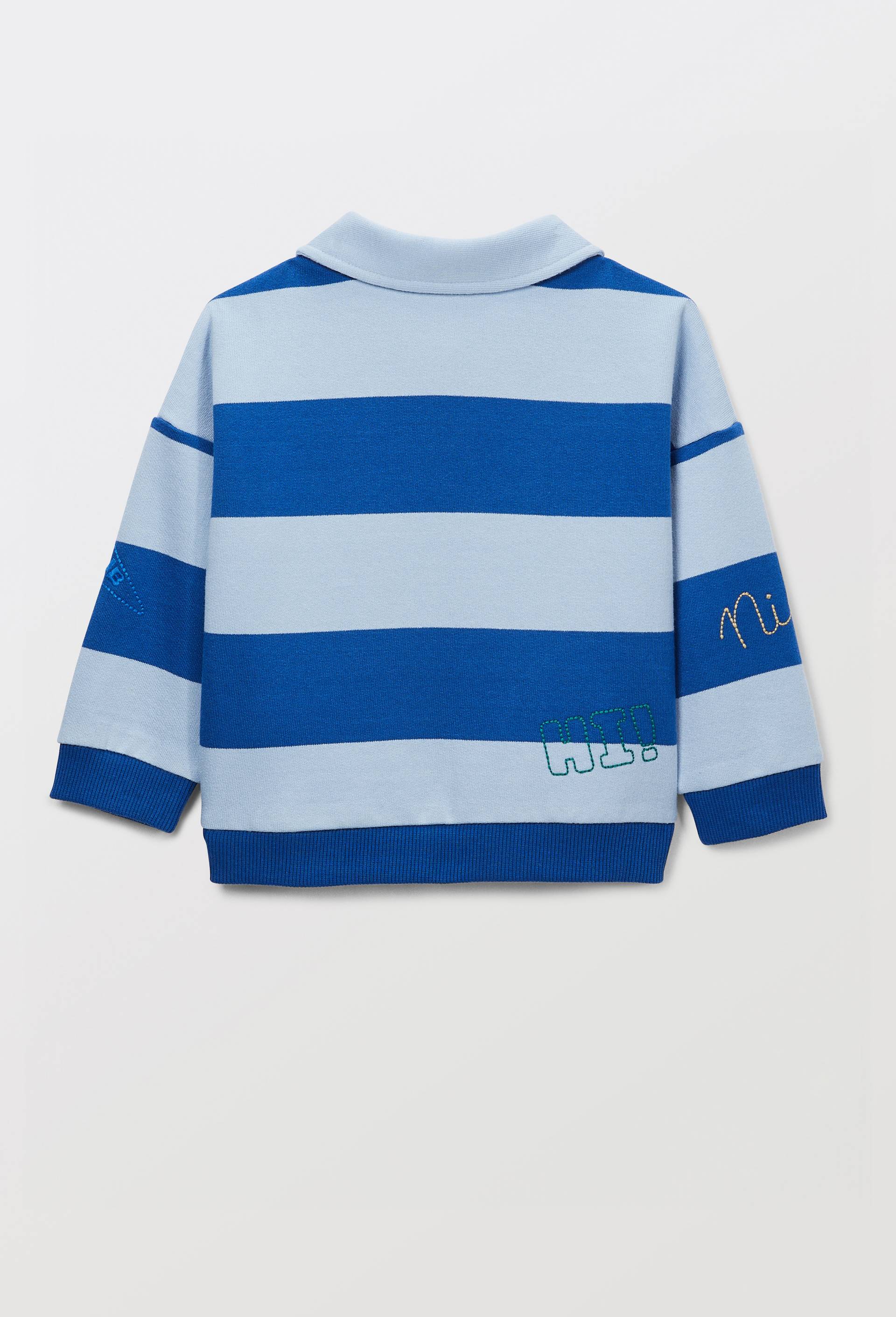 Sweat col polo ray&eacute; et brod&eacute; en coton BIO GOTS, Bleu clair, large