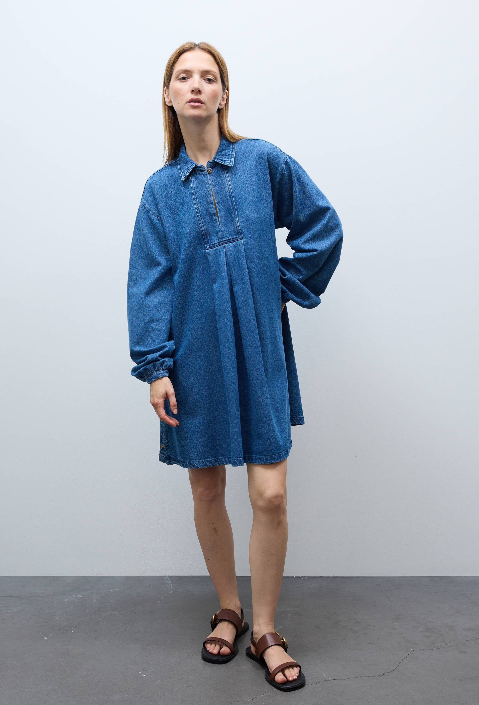 Robe courte manches longues en jean en coton BIO GOTS, Bleu fonc&eacute;, large image number 0.0