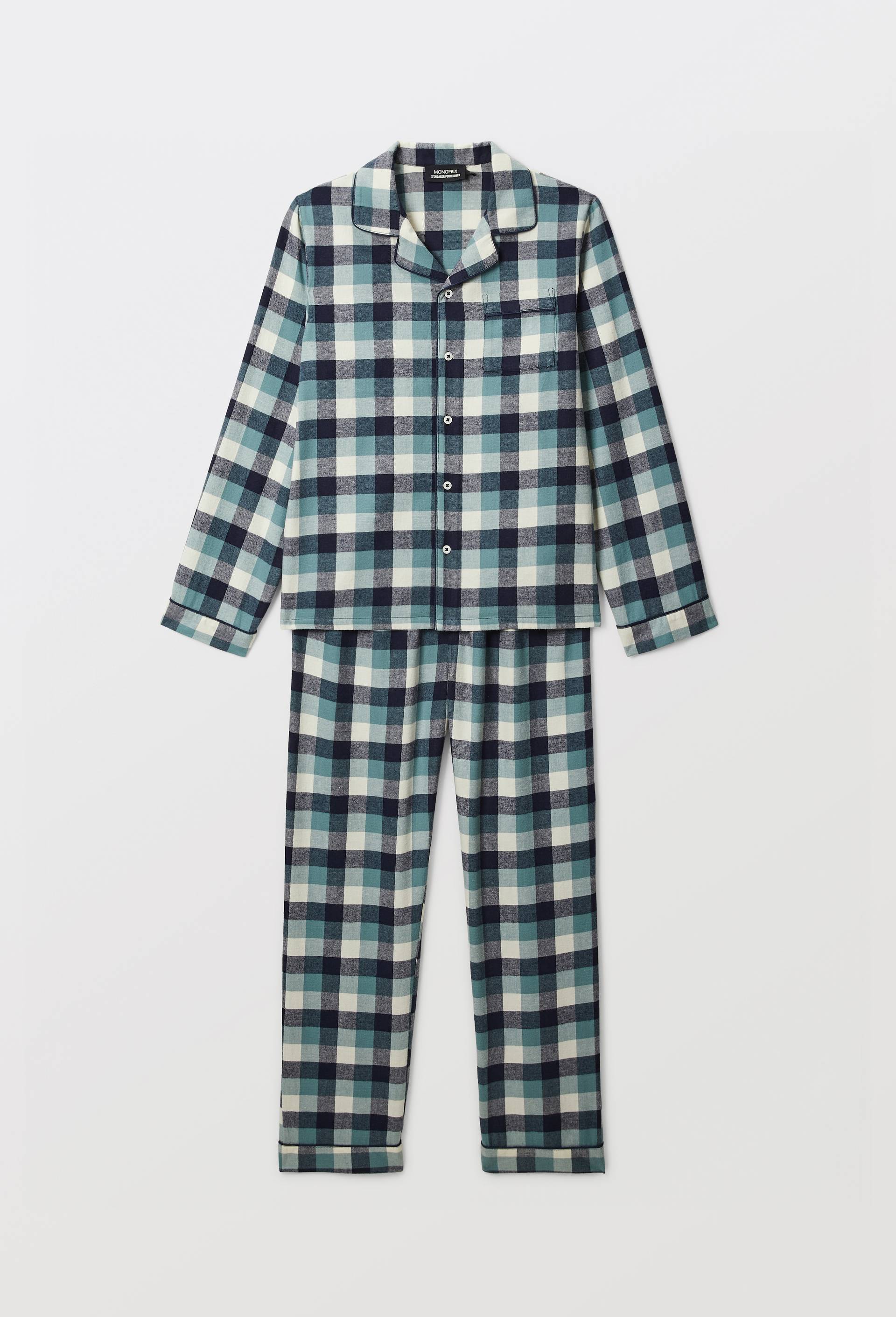 Pyjama chemise manches longues &agrave; carreaux en coton BIO GOTS, Bleu fonc&eacute;, large image number 1.0