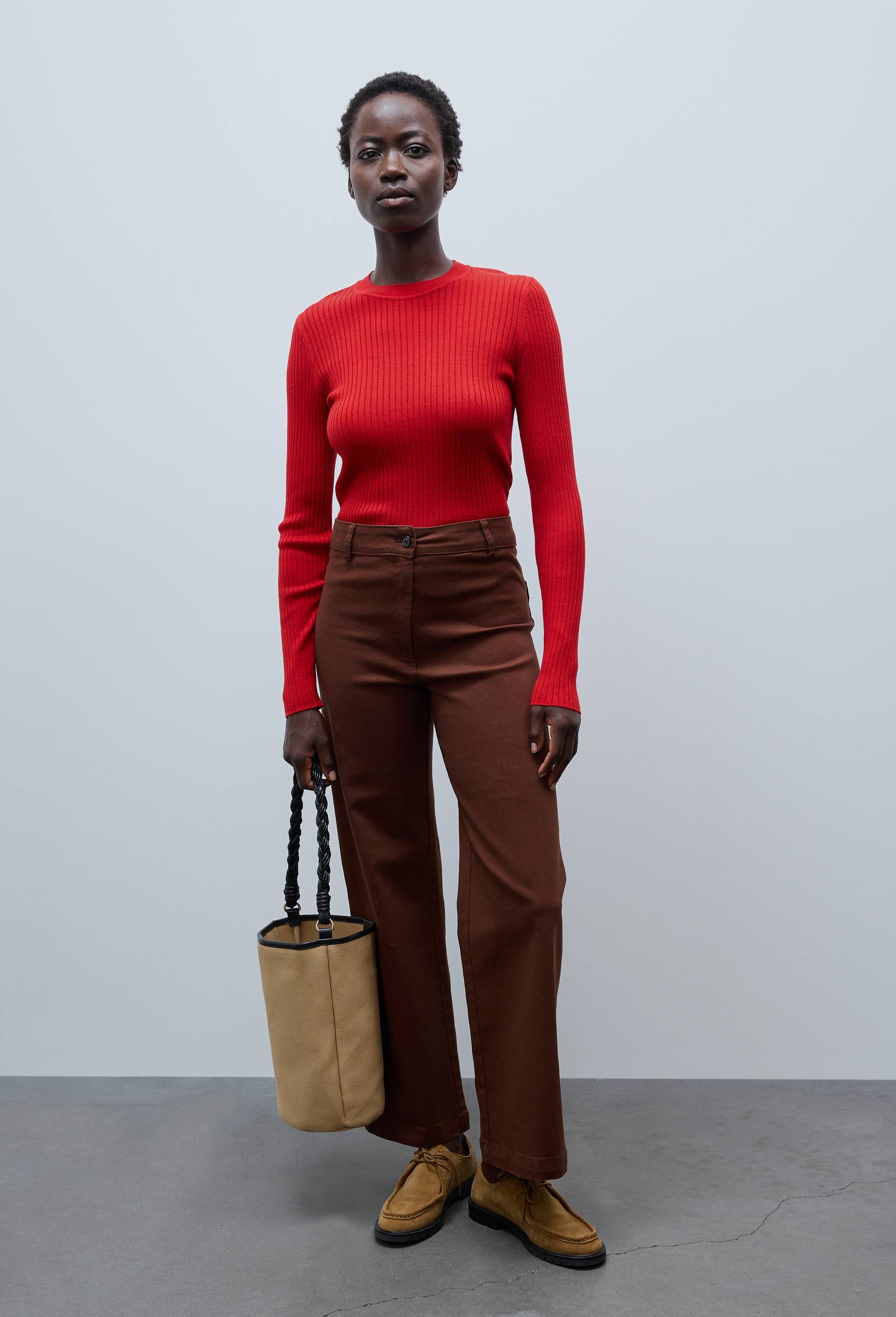 Pantalon large taille haute contenant du coton, Brun, large image number 0.0