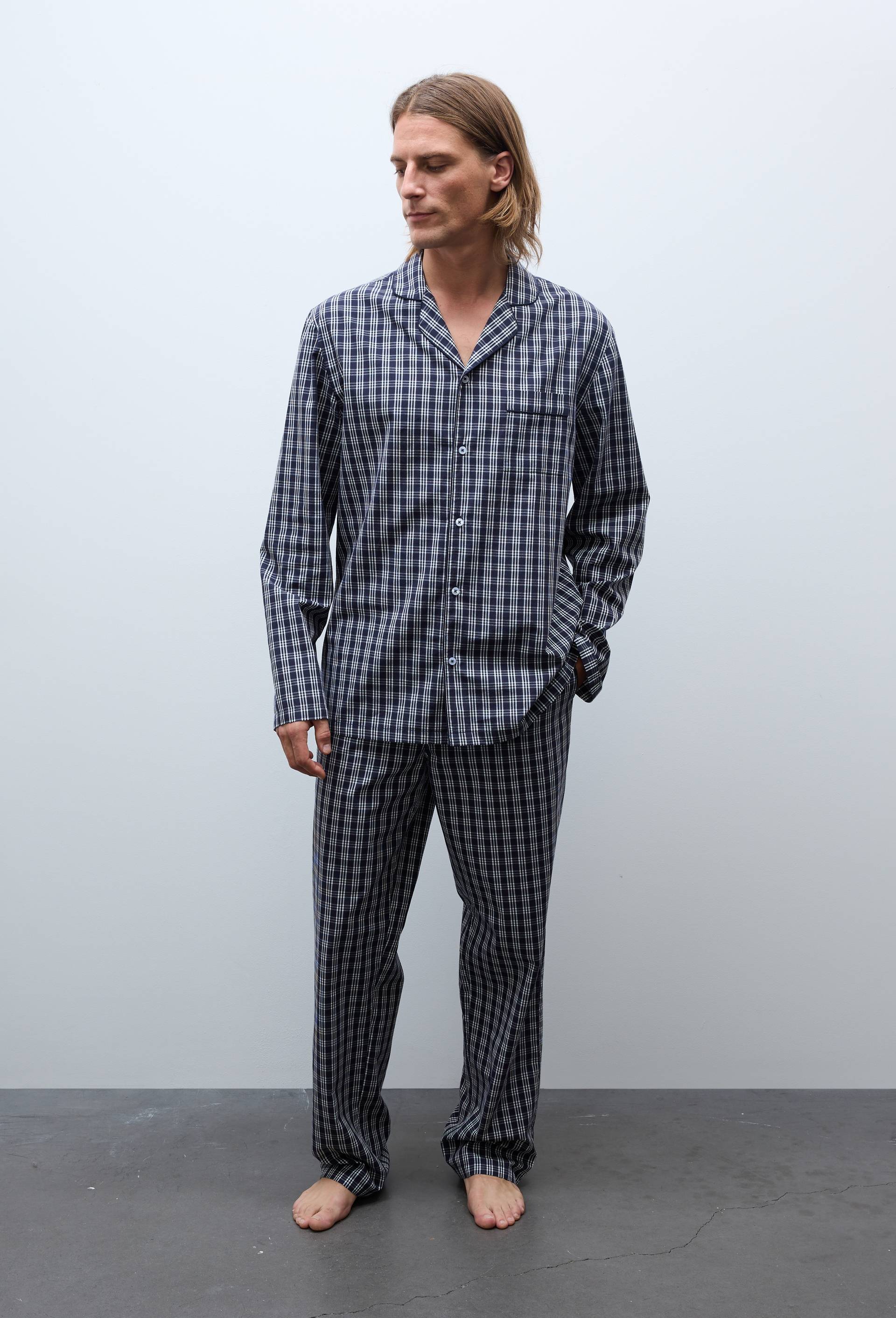 Pyjama Chemise manches longues et pantalon ray&eacute; en coton, Bleu fonc&eacute;, large image number 0.0