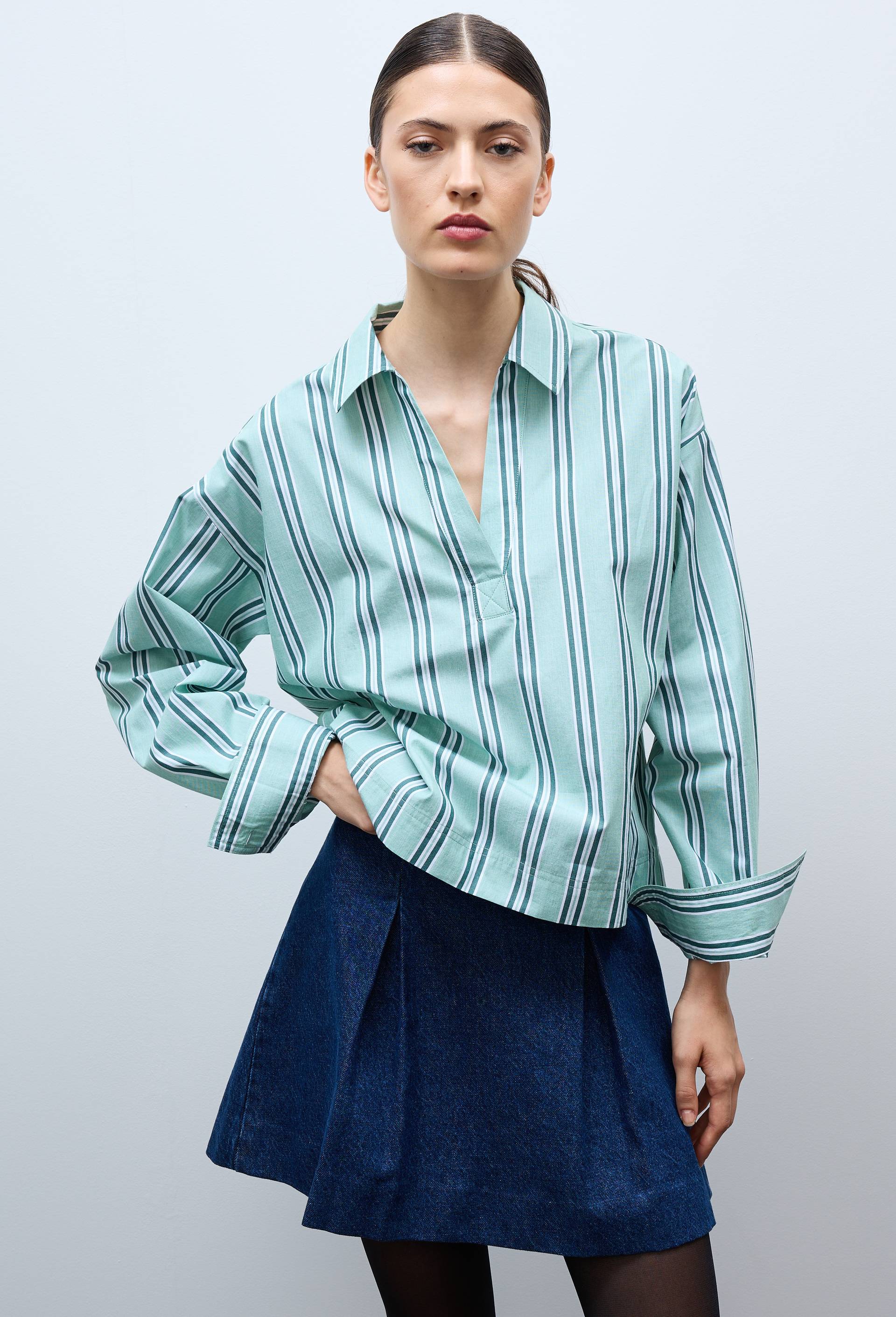 Chemise ray&eacute;e manches longues en coton, Vert, large image number 0