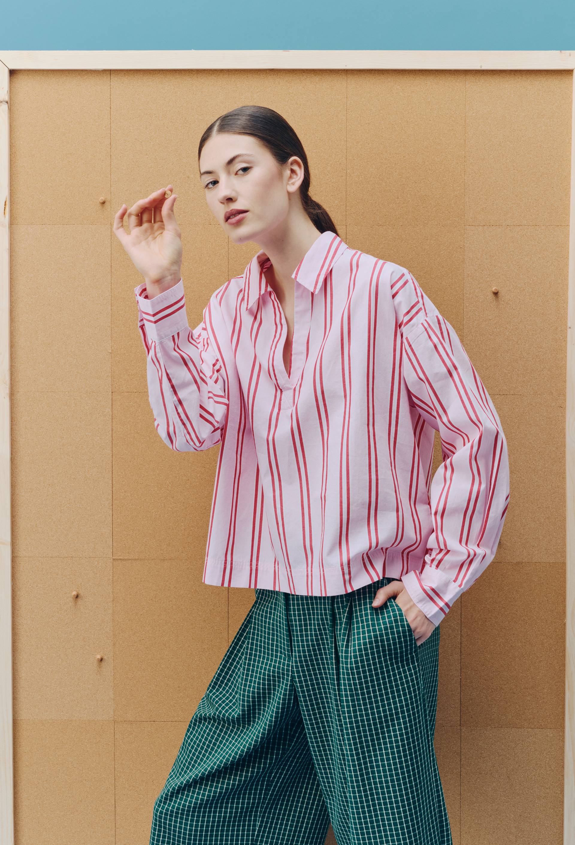 Chemise ray&eacute;e manches longues en coton, Rose, large image number 0